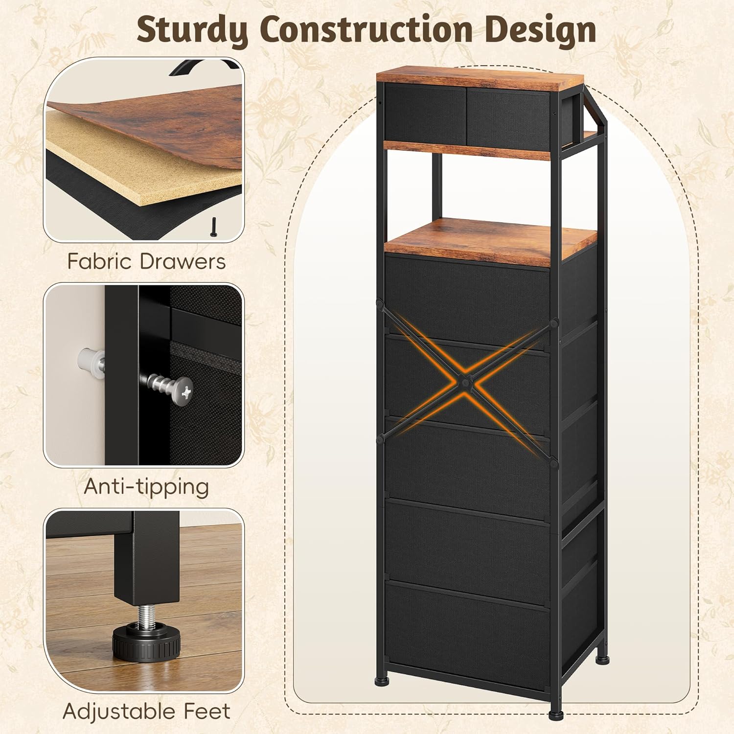 EnHomee 51.2" H Vertical Dresser with LED Lights, 7 Fabric Drawers Dresser for Bedroom, Sturdy Nightstands with Open Wood Shelf, Metal Frame, Bedside Table for Dorm, Entryway, Bathroom (Rustic Brown) - Image 9