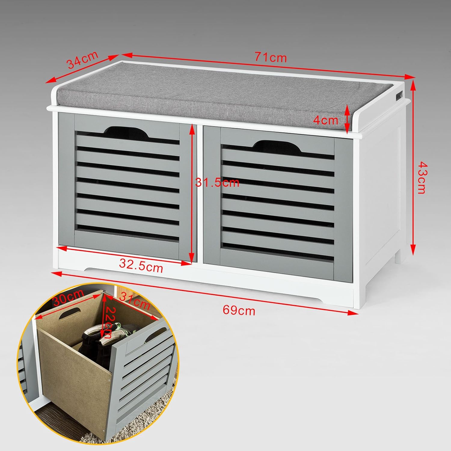 Detailed dimensions of the SoBuy FSR23 shoe bench and its storage baskets