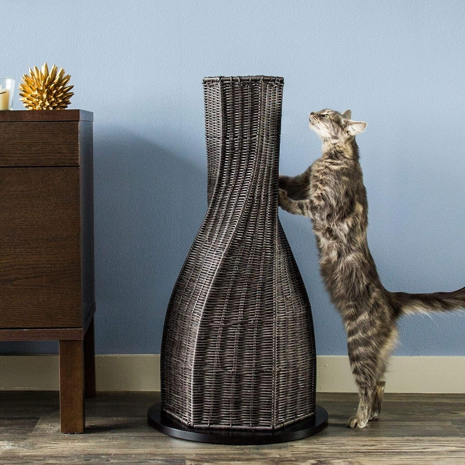 THE REFINED FELINE 31 Tall Calypso Everlasting Cat Scratcher in Espresso, Claw-Proof Faux Rattan with A Weighted Base, Durable Vertical Cat Scratching Post for Large Cats