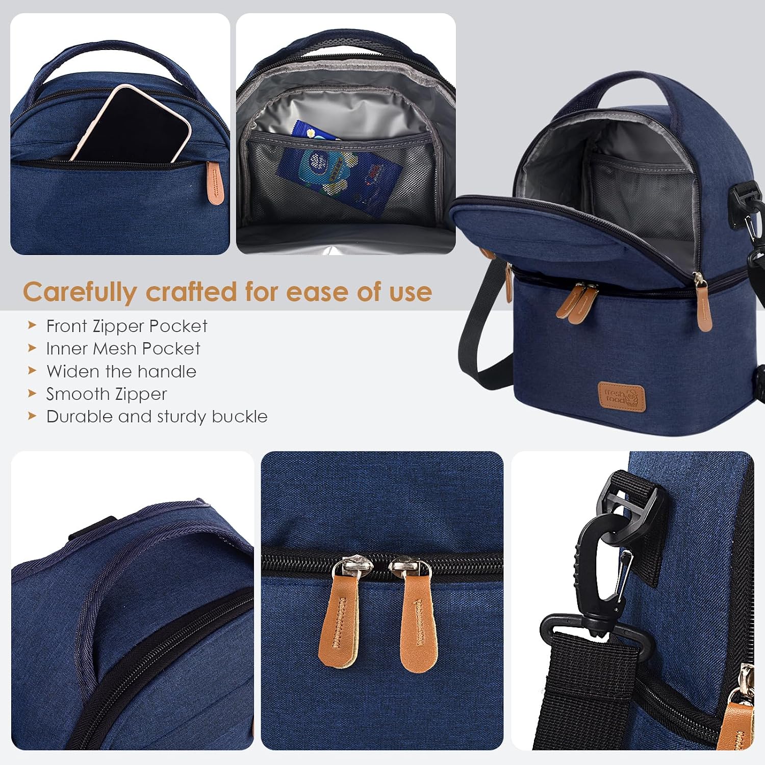 SINLAND Large Lunch Bag Double Insulated Lunch Box Men Women Navyblue