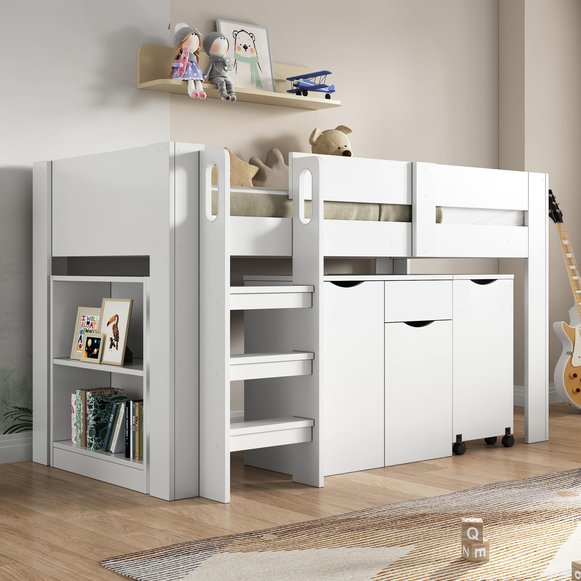 Etagenbett Kinderhochbett, multifunktionales Kinderbett, mit Leiter, mit Teleskopschreibtisch, mit herausnehmbarem Schrank, mit Schublade, 90 * 200 cm