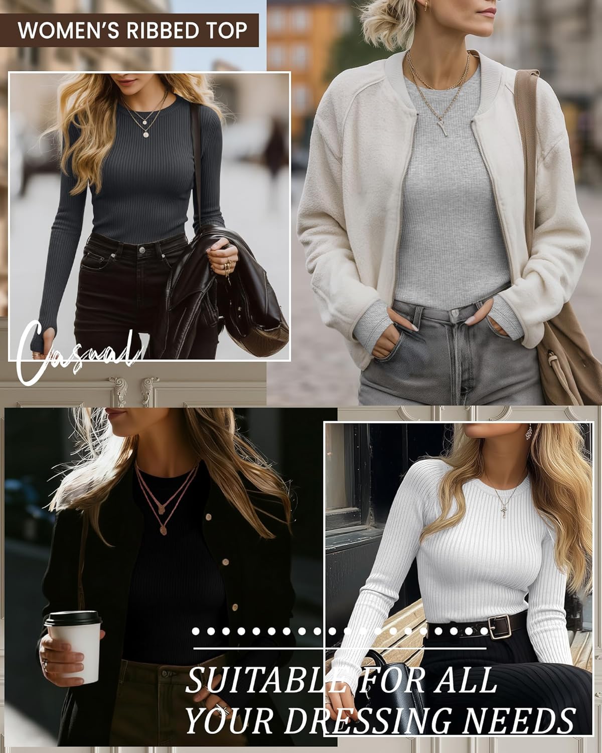 4 Pack Women's Ribbed Long Sleeve Shirts with Thumb Holes Cotton Crewneck Slim Fit Tops Knit Casual Basic T-Shirts - Image 2