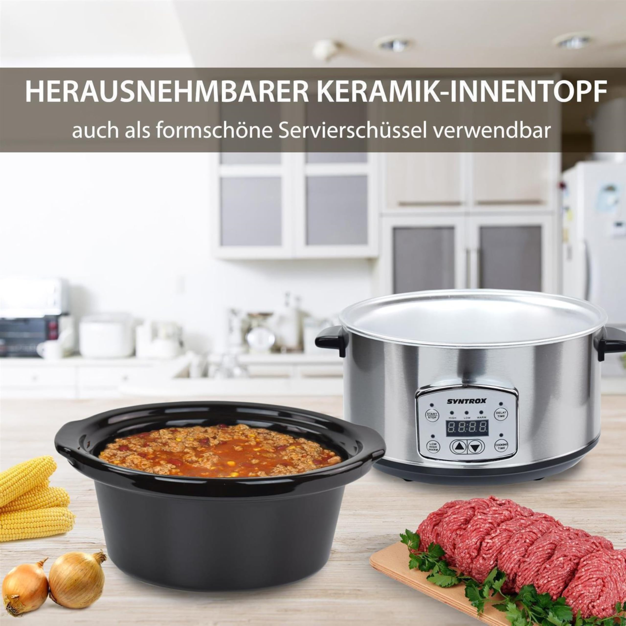 Syntrox Germany 4,5 l Slow Cooker | Schmortopf | Schongarer | Multikocher Annot, digitale Küchenuhr, Schonendes Langsamgaren, Edelstahl, Mikrowellengeeignet, Eintopfgerät