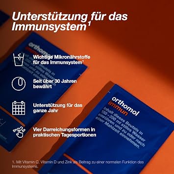 Orthomol Immune granules: 25 important nutrients to support the immune system* including vitamin C vitamin D and zinc as a contribution to a normal function of the immune system 7 daily servings
