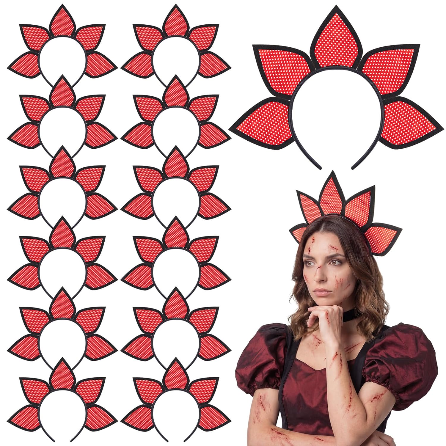 Knitgrip 12 Pcs Stranger Cosplay Headband Red Man-eating Flower Headpiece for Spooky Birthday Party Decorations Halloween Themed Party Suppliers