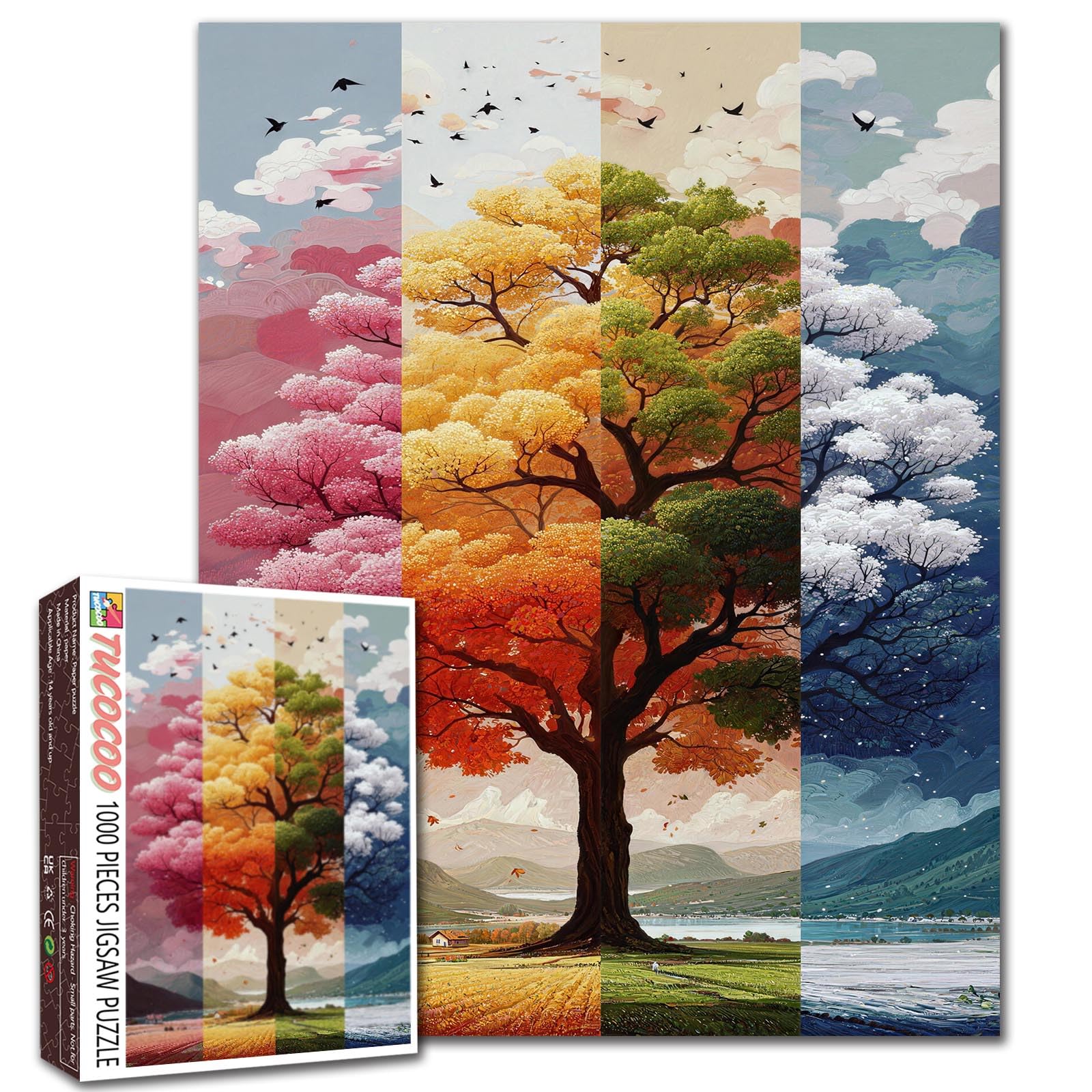 Four Seasons Tree Puzzle Tree of life Jigsaw Artistic Seasonal Tree Panels with Spring Summer Autumn Winter Colors Pictures 1000 Pieces for Adults Beginner Challenging Family Activity Games DIY Gifts — image 1