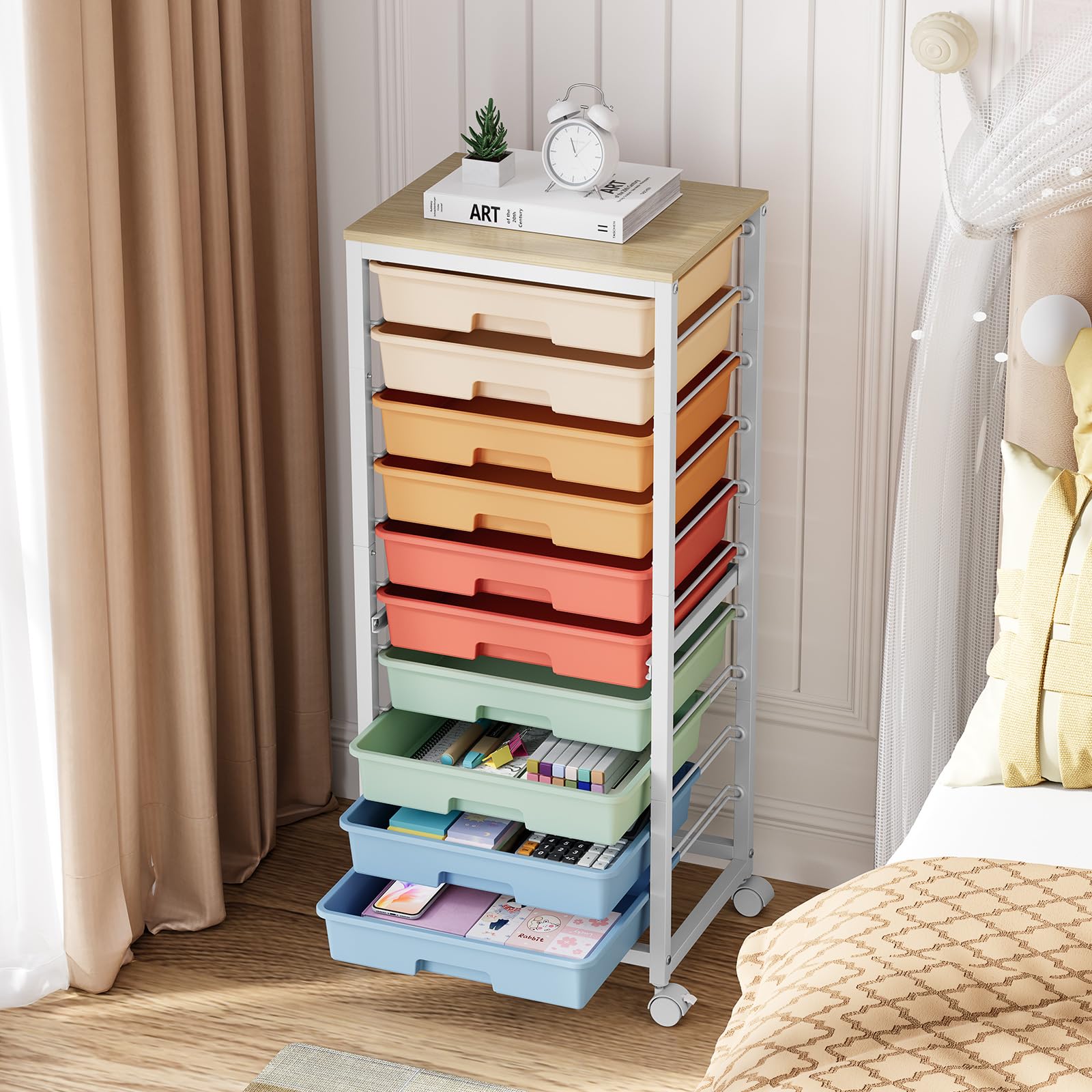 SYKIARIOL Aufbewahrungswagen mit 10 Schubladen, Kunststoff-Schubladen auf Rädern, Kunst- und Bastelwagen mit Holzplatte, Bastel-Organizer für Marker, Büro, Schlafsaal, Kinderzimmer, Regenbogen