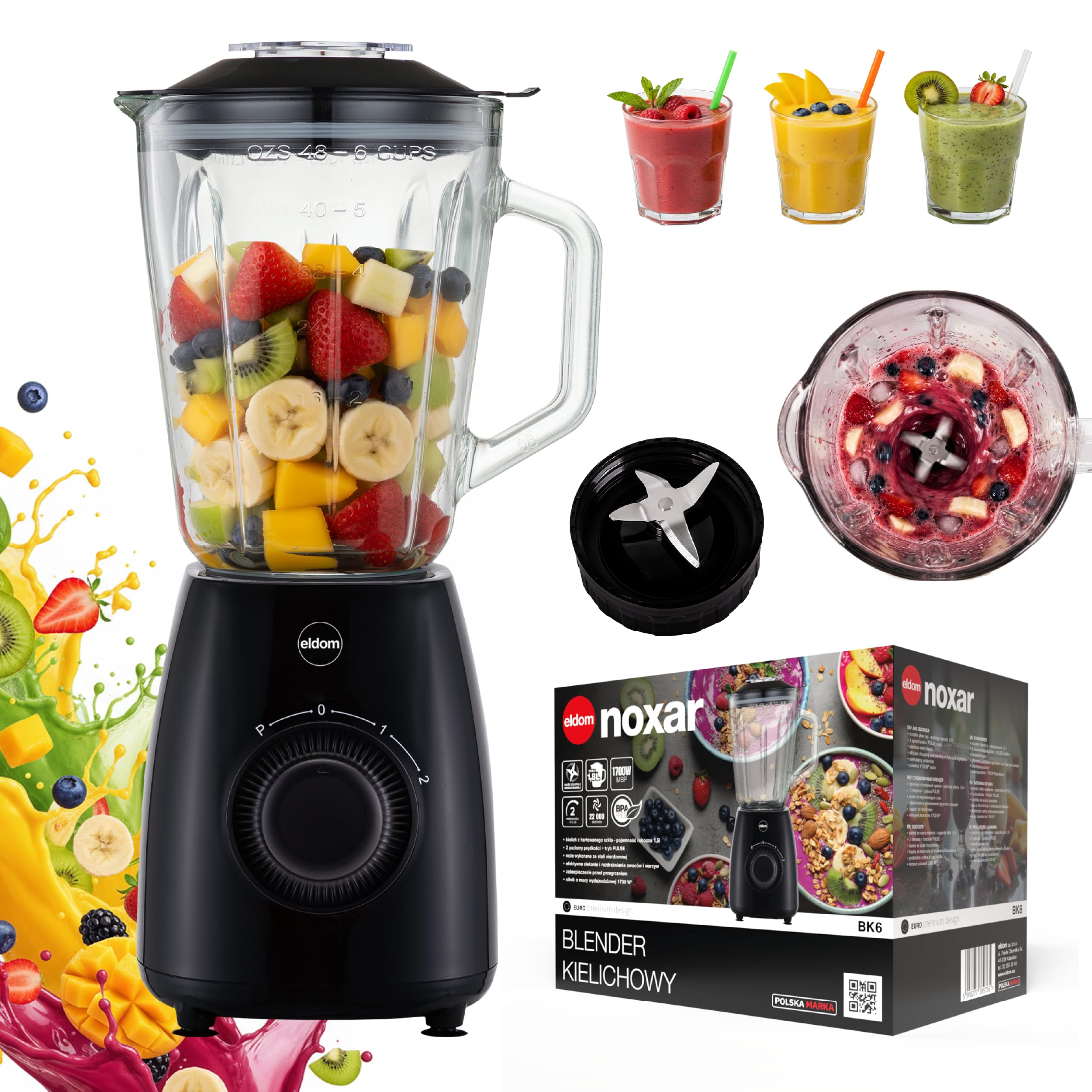 BK6 - Batidora de vaso (1000 W, con función Ice Crush, batidora de 1,8 L, 2 velocidades + pulsos, cuchillo de acero inoxidable, 22.000 rpm, sin BPA, batidora para batidos, sopas y helados) Eldom