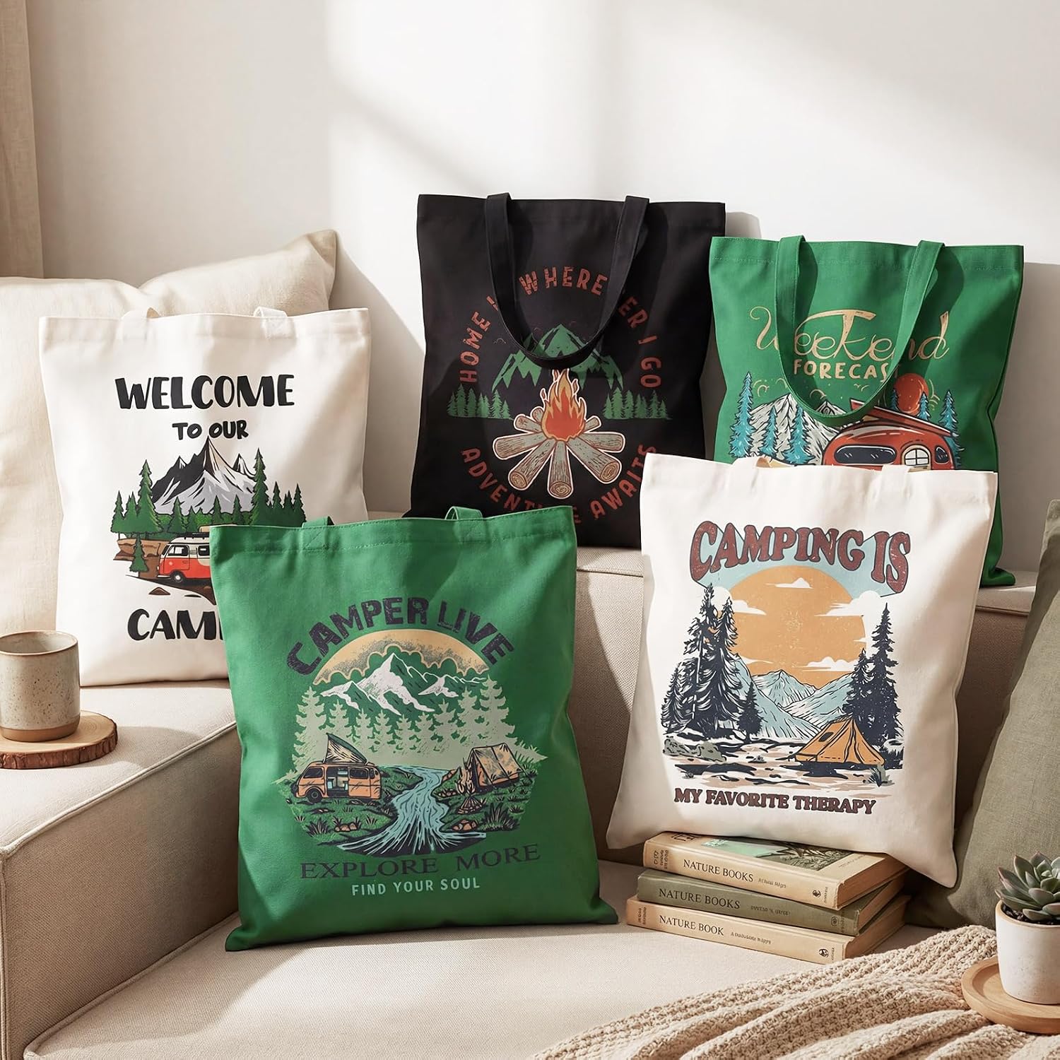 Paterr 12 Pcs Camping Tote Bag with Handle Bulk Camping Themed Gifts Canvas Wildlife Lover Tote Bag for Women Camper Goodie Gift Reusable Grocery Supplies for Forest Theme Party Birthday Decor