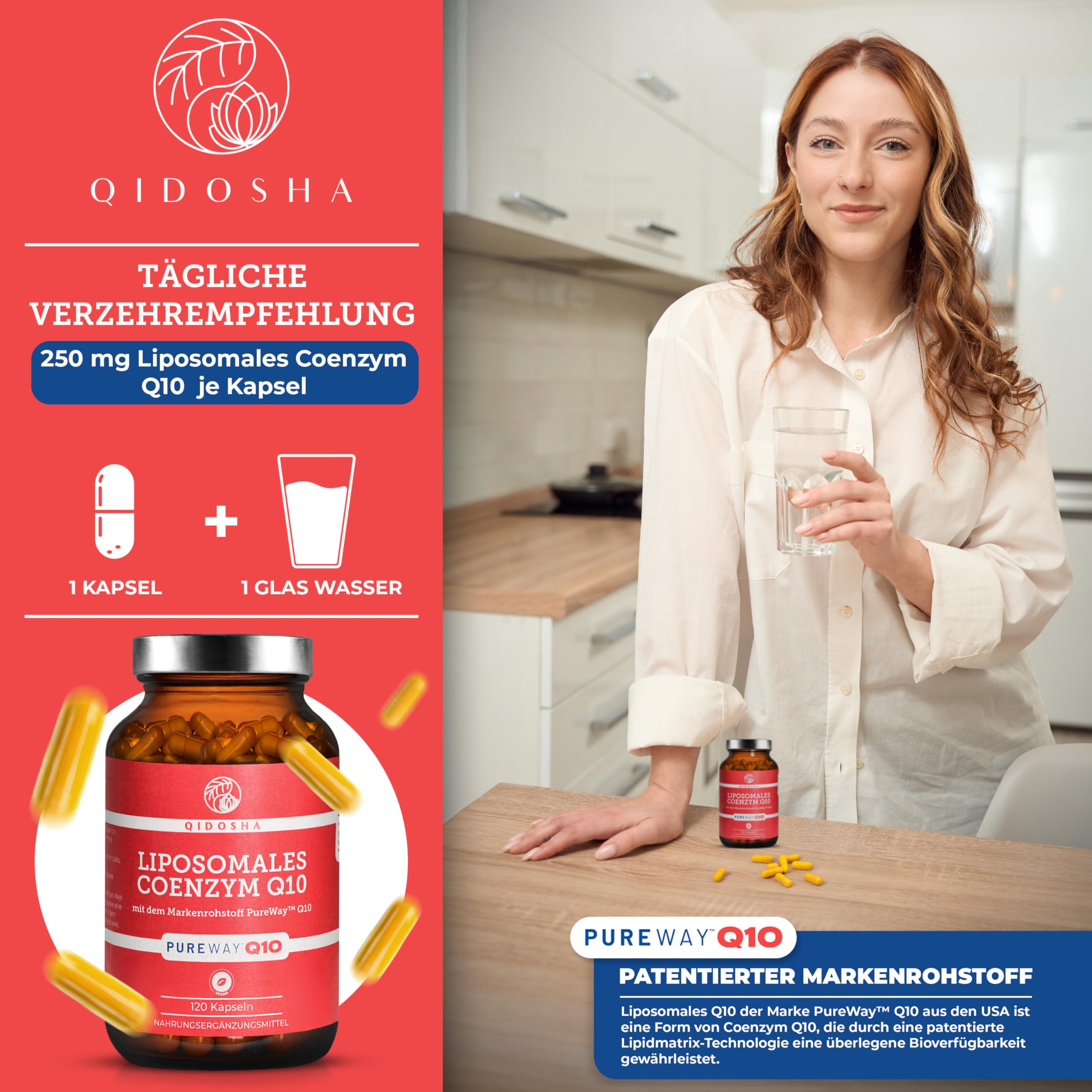 QIDOSHA® Coenzym Q10 liposomal mit dem Markenrohstoff "PureWay™ Q10", 120 Kapseln im Apothekerglas, hohe Bioverfügbarkeit, echte liposomale Technologie, deutsche Fertigung, jede Charge laborgeprüft
