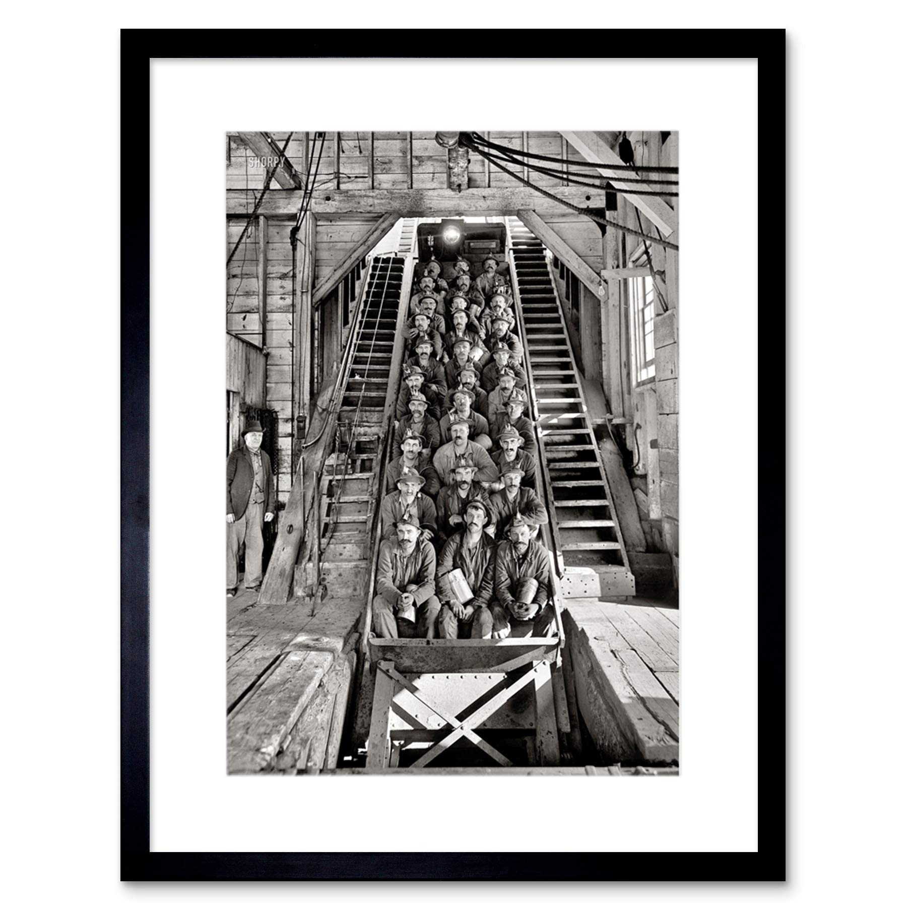 Wee Blue Coo Photo B&W Coal Miners Lift Elevator Shaft Framed Wall Art Print