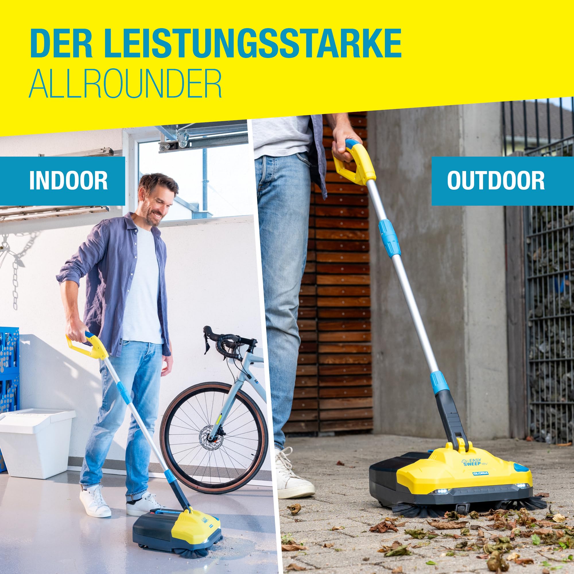 GLORIA Akku-Kehrmaschine EasySweep 18V inkl. Bosch 18V Akku | Elektrischer Akkubesen & Kehrbesen für Indoor & Outdoor | Einfahrt, Gehweg, Terrasse, Garage & Laub | 40 cm Arbeitsbreite & 4,5L Behälter