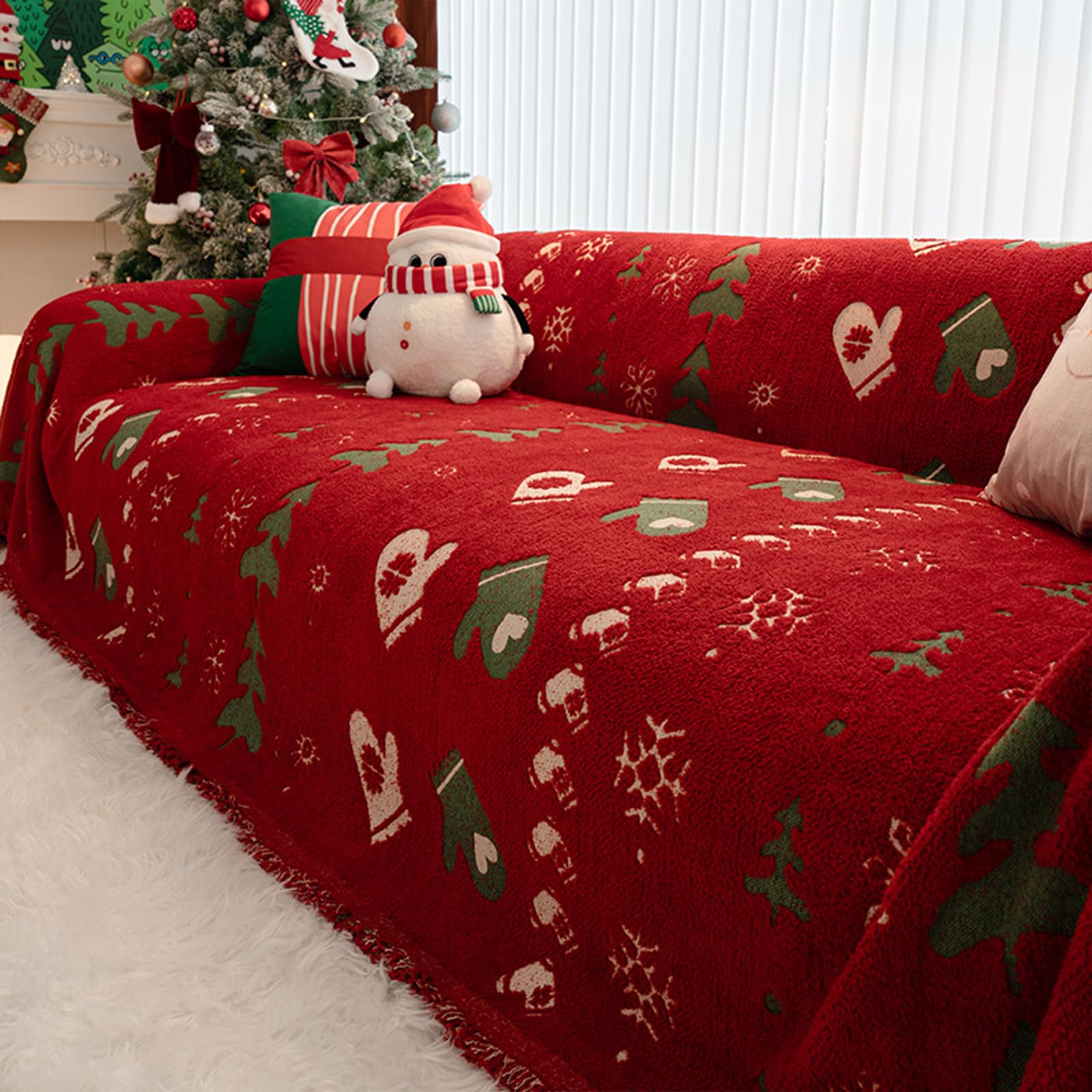 Coperta copripoltrona di Natale con nappine, divano amico degli animali, copridivano grande per 3 posti, Decorazione natalizia doppia reversibile per divano Style-B 180x150cm/71x59in