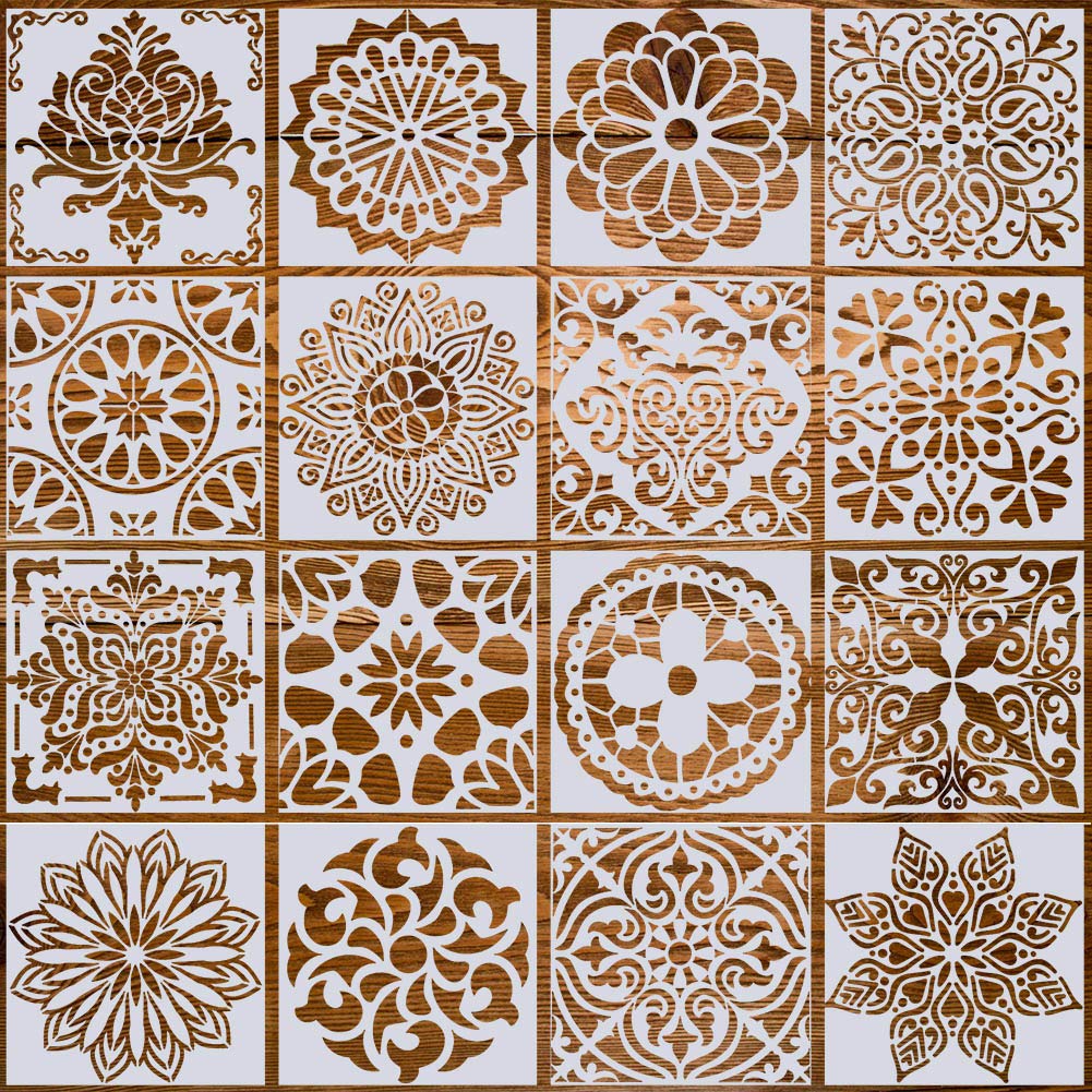 iufvbgxdh 16 Pack Mandala Stencils Tiles Template Set Reusable Stencils Mandala Dotting Painting Stencils Tool for Airbrush, Furniture Floor Tiles, Walls Art and Stone Rock Painting