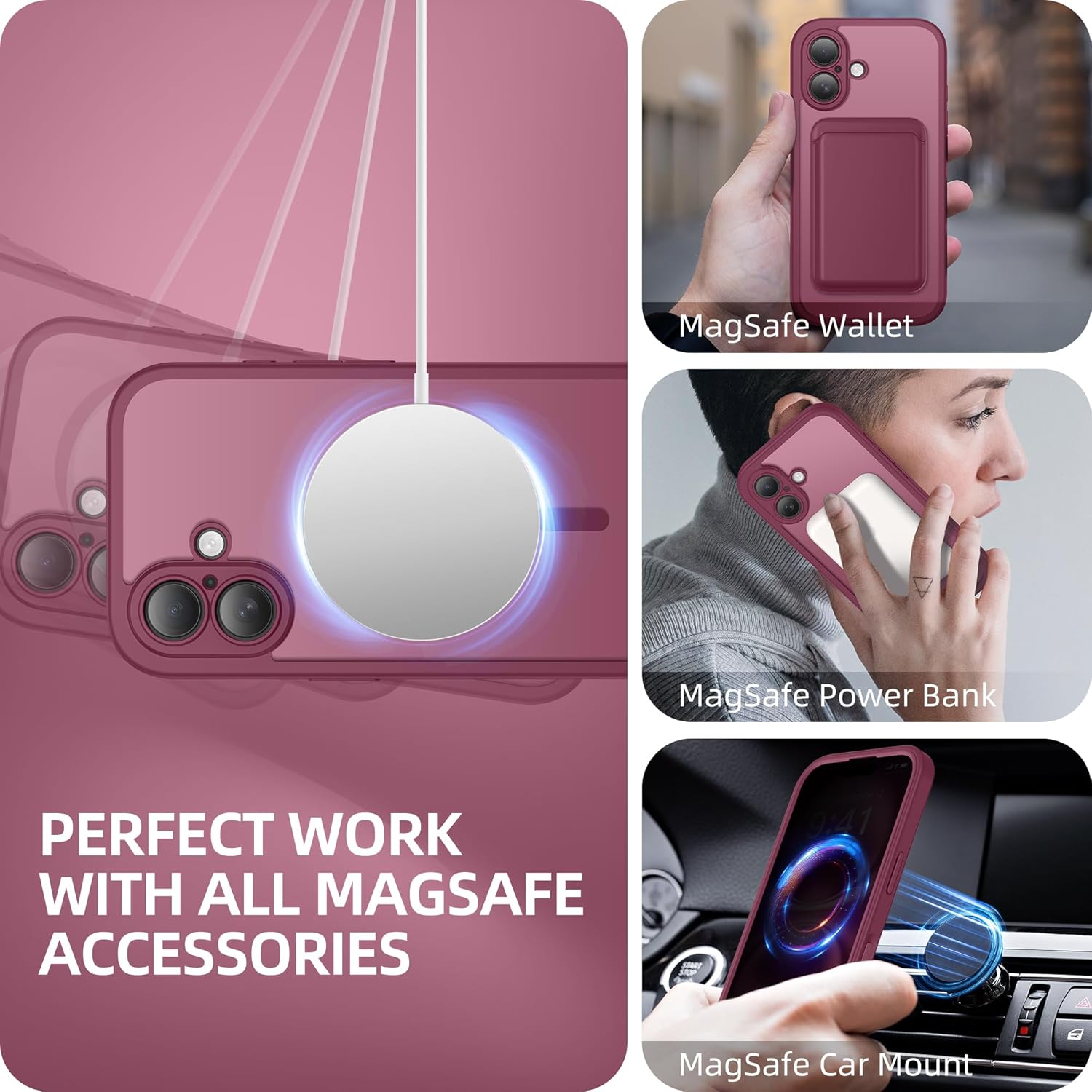 BERFY for iPhone 16 Plus Case, Compatible with MagSafe, Built-in Privacy Screen Protector and Camera Protection, Anti-Spy Full Body Shockproof Matte Phone Case for 16 Plus 6.7", Dark Red - Image 7