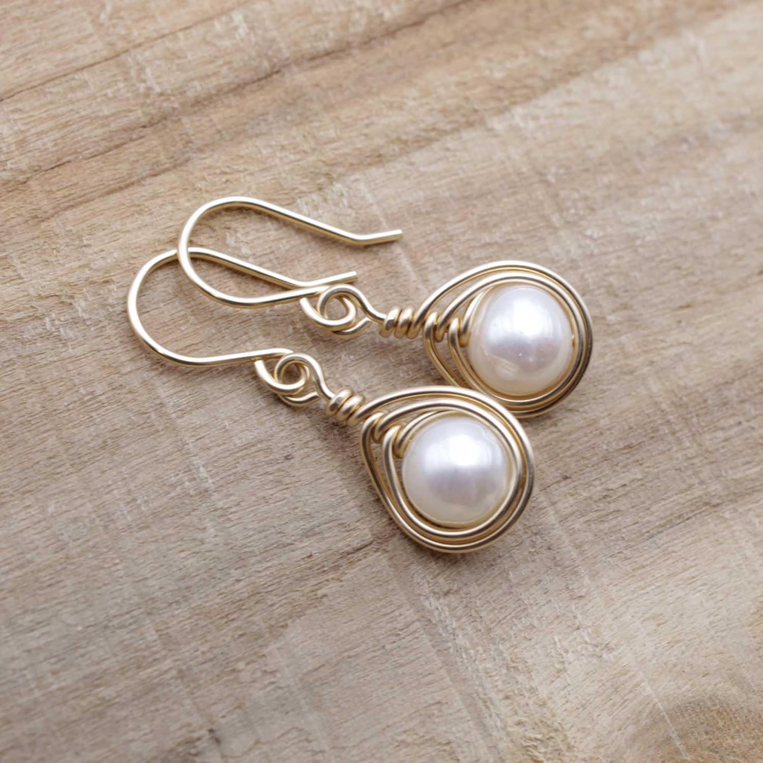 Pillar of Salt Studio Handcrafted Earrings Yellow Gold-filled Wire Wrap with Freshwater Pearls (White, 3/4" drop)