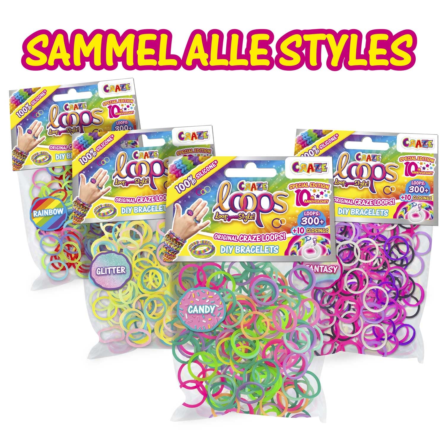 CRAZE loops BAG 300 - Loom zestaw uzupełniający 300 gumek i 10 zapięć, mieszanka kolorów, 100% przyjazny dla skóry silikon