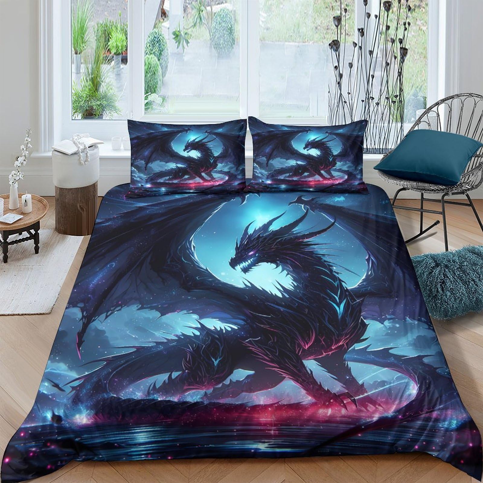 Ctjqhvkz Style-1 3D Printed Dark Dragon Fitted Sheet Microfiber Fantasy Blue Fire Mattress Cover For Bedroom Guest Room Easy Care Single（135X200cm）