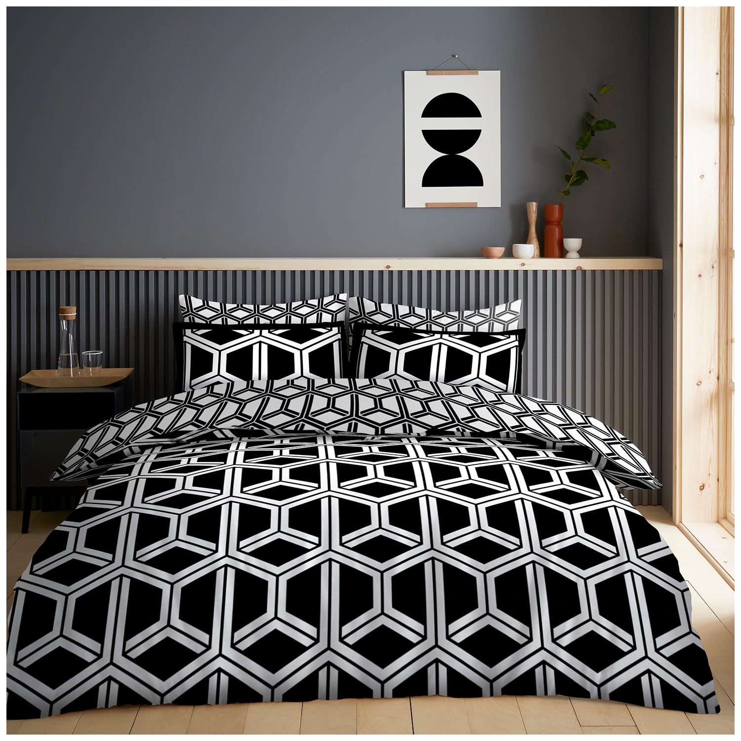 Gc Gaveno Cavailia Hendrix Black/White Geometry Hexagon Double Duvet Set, Hypoallergenic Printed Black Quilt Cover, Reversible Printed Geometric Bedding Set With Matching Pillowcases