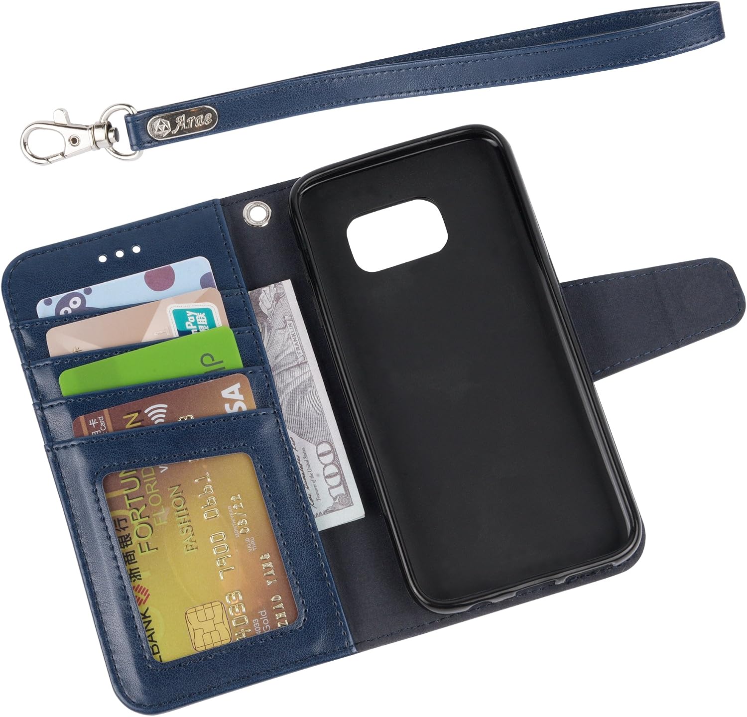 Arae Case Compatible for Samsung Galaxy s7, [Wrist Strap] Flip Folio [Kickstand Feature] PU Leather Wallet case with ID&Credit Card Pockets (Blue)