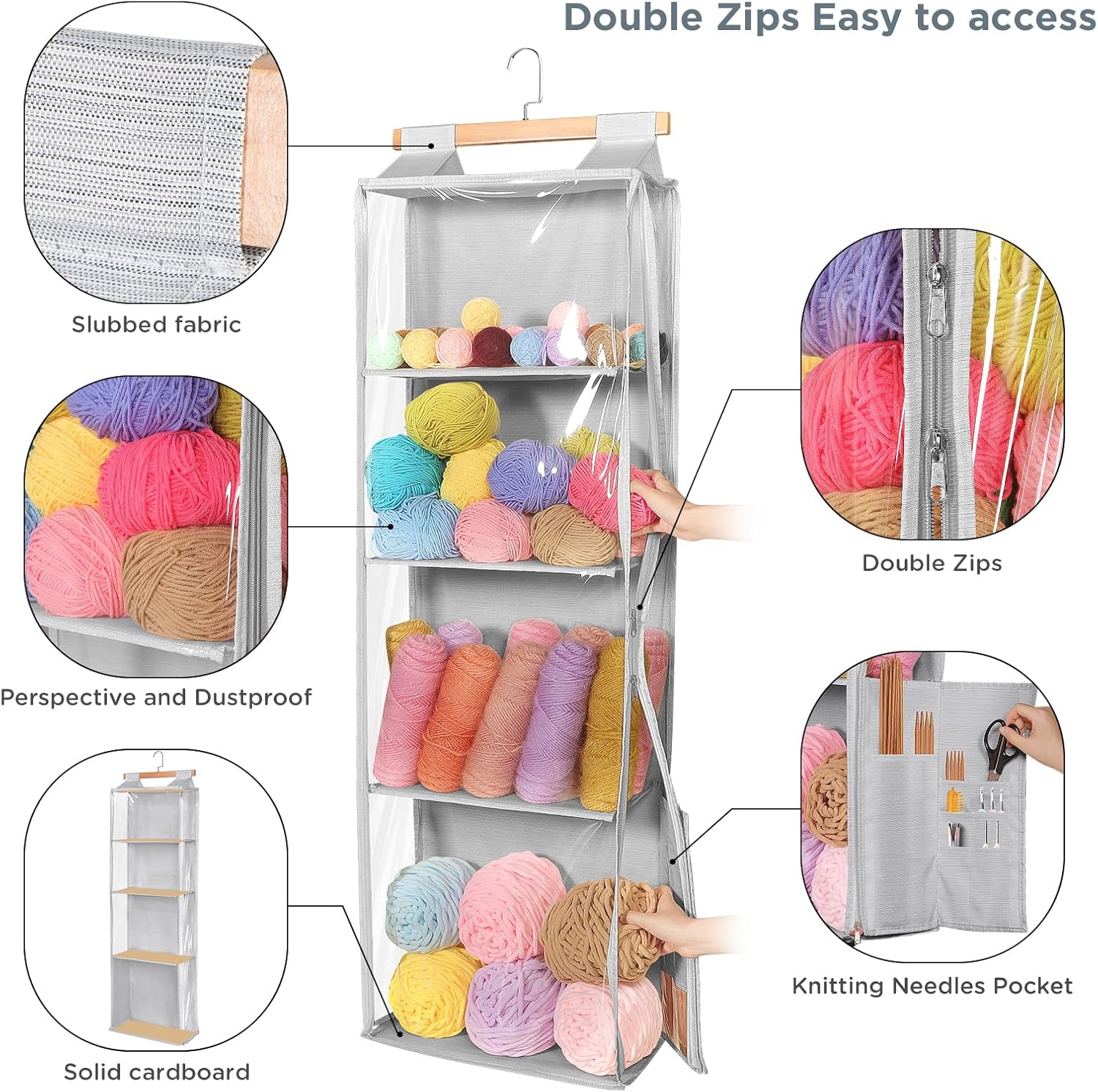 Univivi Hanging Yarn Storage Organizer with 4 Large Clear Pockets, Clear Knitting Storage Organizer with Two-way Zipper, Over the Door Hanging Yarn Holder for Crochet Lovers (Grey)