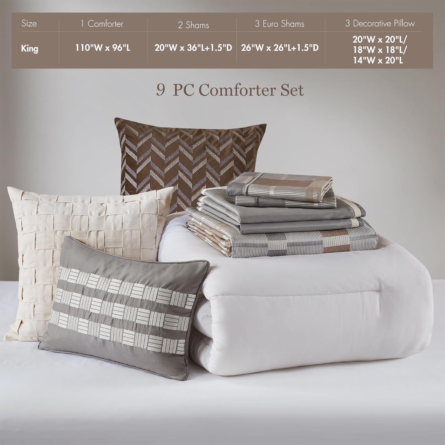 Madison Park King Comforter Set Jacquard Geometric, Oversized Comforters King Size Bed, All Season Down Alternative Overfilled King Size Comforter, Prescott, Taupe 9 Piece