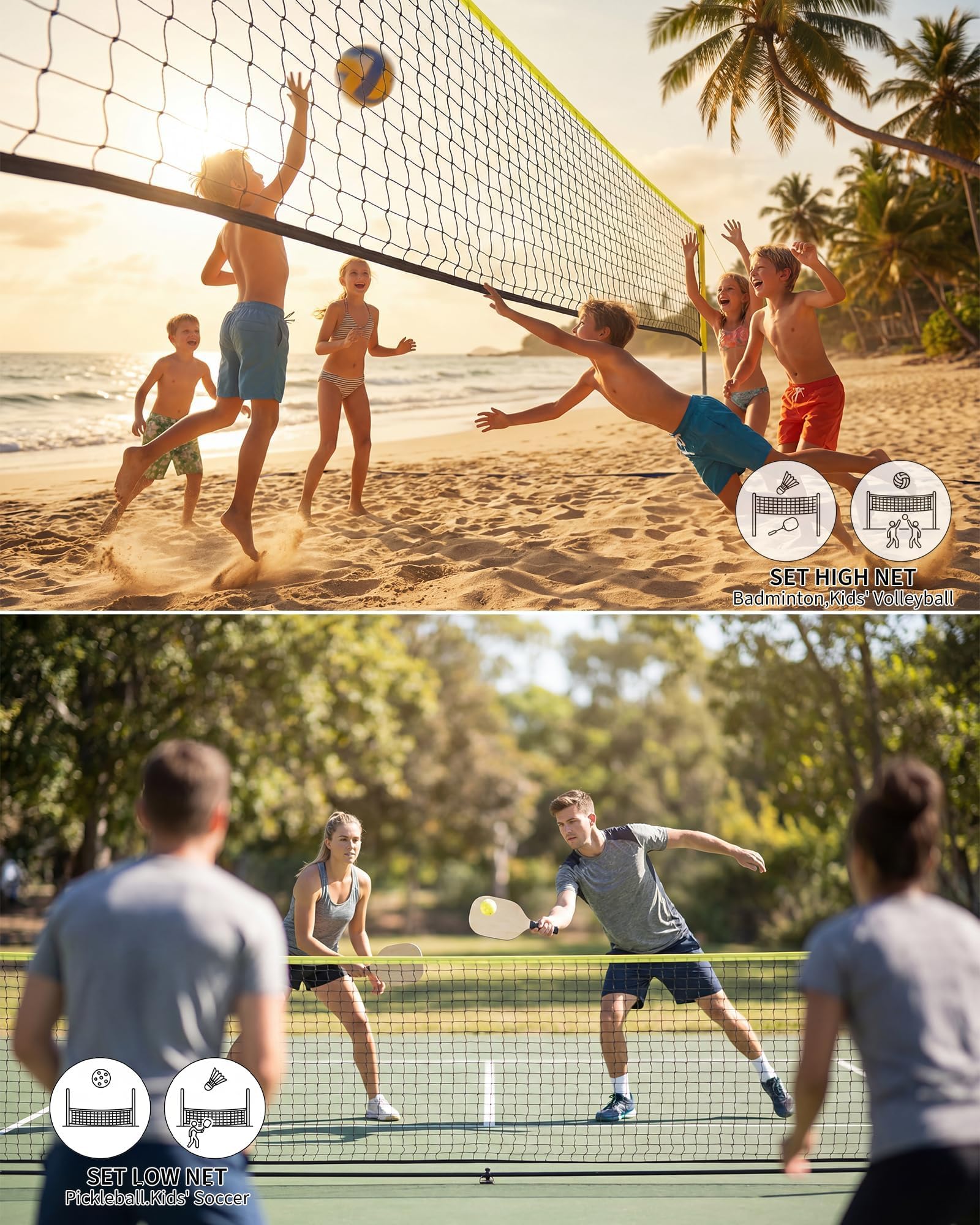 Red de bádminton y pickleball 510x102x155 cm, red portátil ajustable en altura 107-155 cm, kit completo con raquetas para jardín, playa, juegos en familia y al aire libre