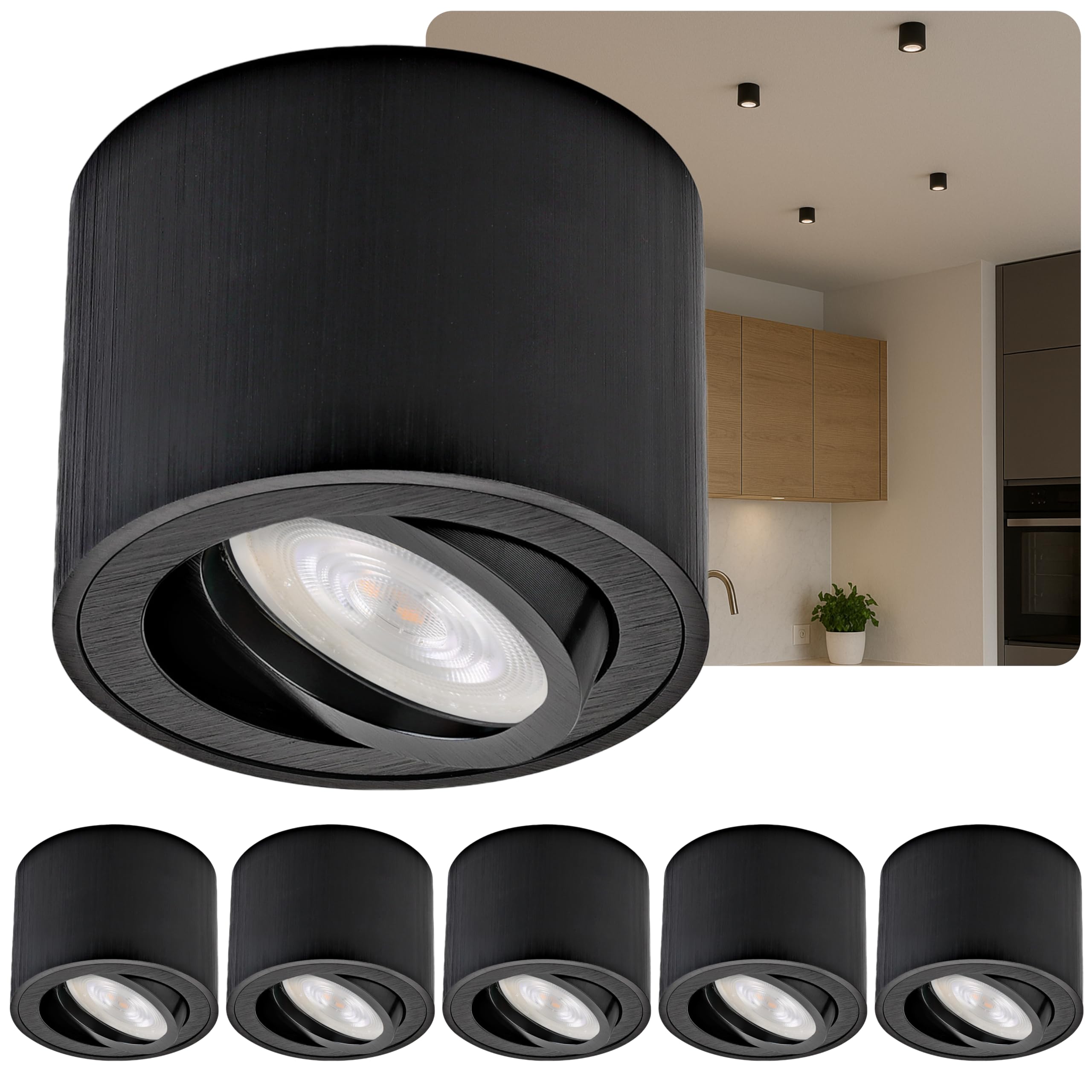 Sweet Led - Faretto da soffitto piatto, nero spazzolato, proiettore da soffitto in alluminio, con modulo LED da 5 W, orientabile, rotondo, 230 V, luce calda da soffitto