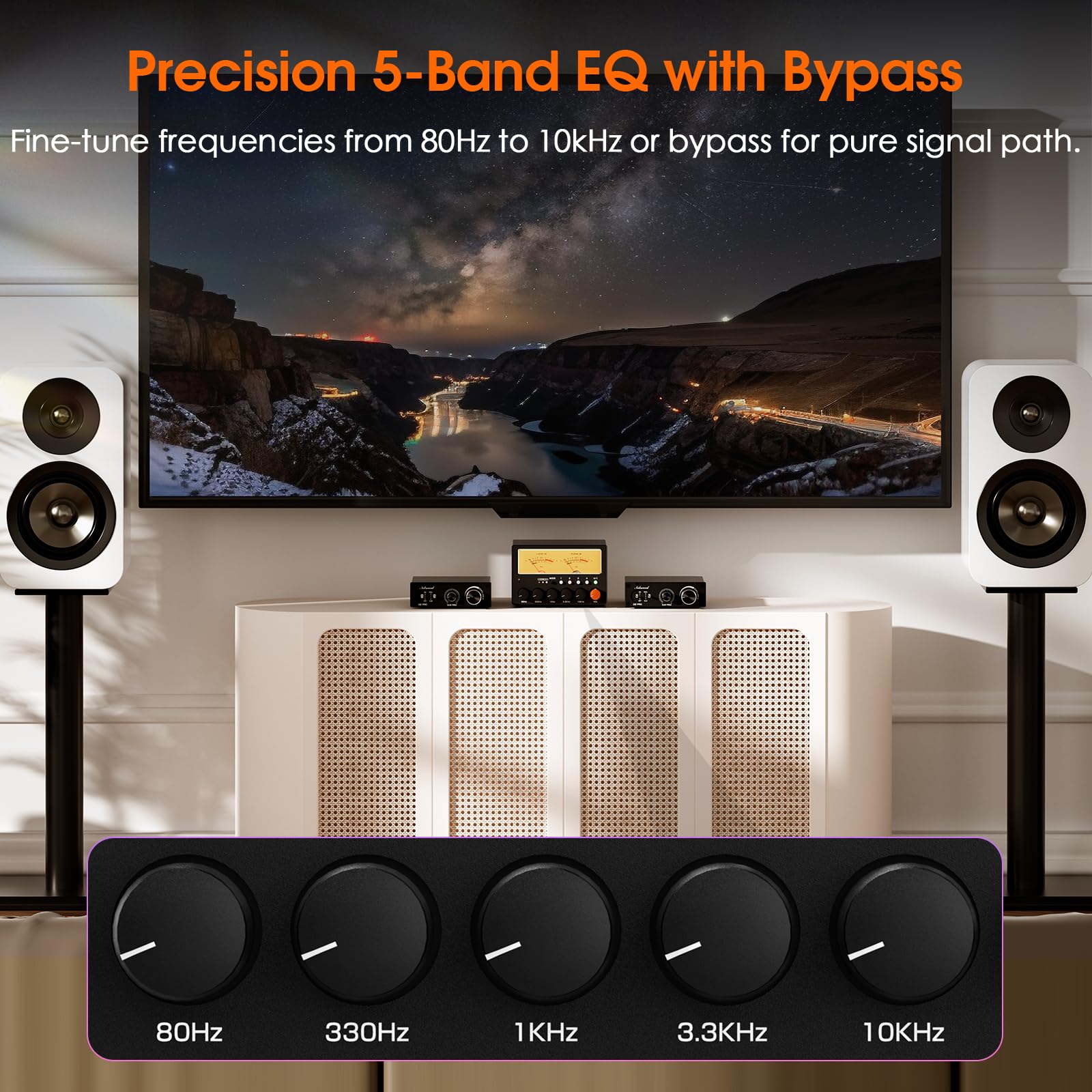 Nobsound Interruttore audio D5 a 4 vie: preamplificatore EQ stereo HiFi a 5 bande e splitter RCA con VU Meter e amplificatore per cuffie per home theater/studio/DJ
