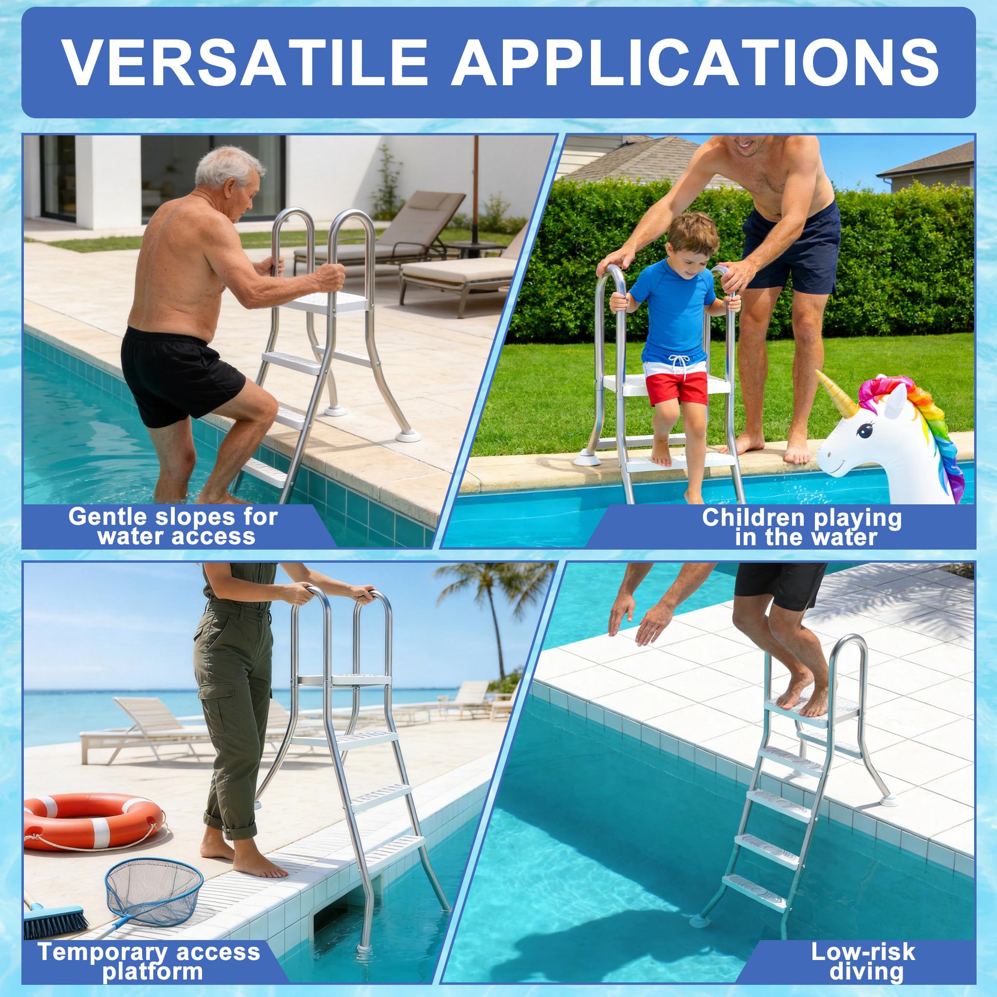 UISEBRT Escalera de piscina de acero inoxidable 304 | Escalera de piscina con 3 peldaños | Escalera para piscina con protección antideslizante | Escalera de entrada para piscina y piscina altura de