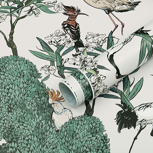 Dimoon Papel tapiz floral de 78.7 x 16.1 pulgadas, papel de contacto con pájaros, verde y blanco, bosque estético, grueso, impermeable, grúas, disponible en Yaxa Peru