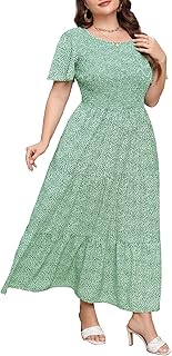 Womens Plus Size Long Maxi Dress with Pockets Floral Smocking Flutter Sleeves Tiered Layers Casual Dresses - Buy now