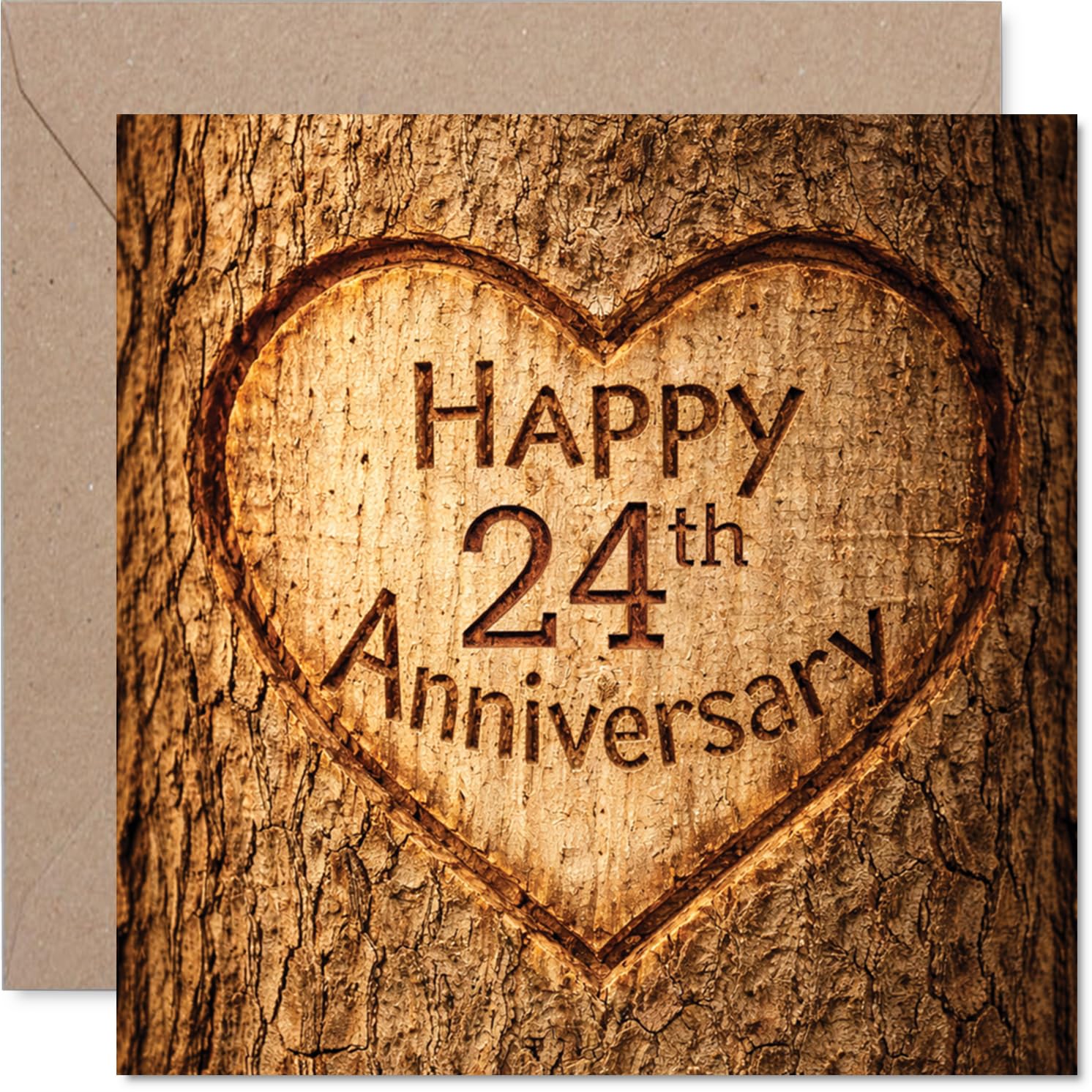 Heartfelt 24th Anniversary Card - Rustic Romance Carved in Wood - Heart Motif on Tree Trunk Design - Celebrates 24 Years Together - 145mm Square, Envelope Included