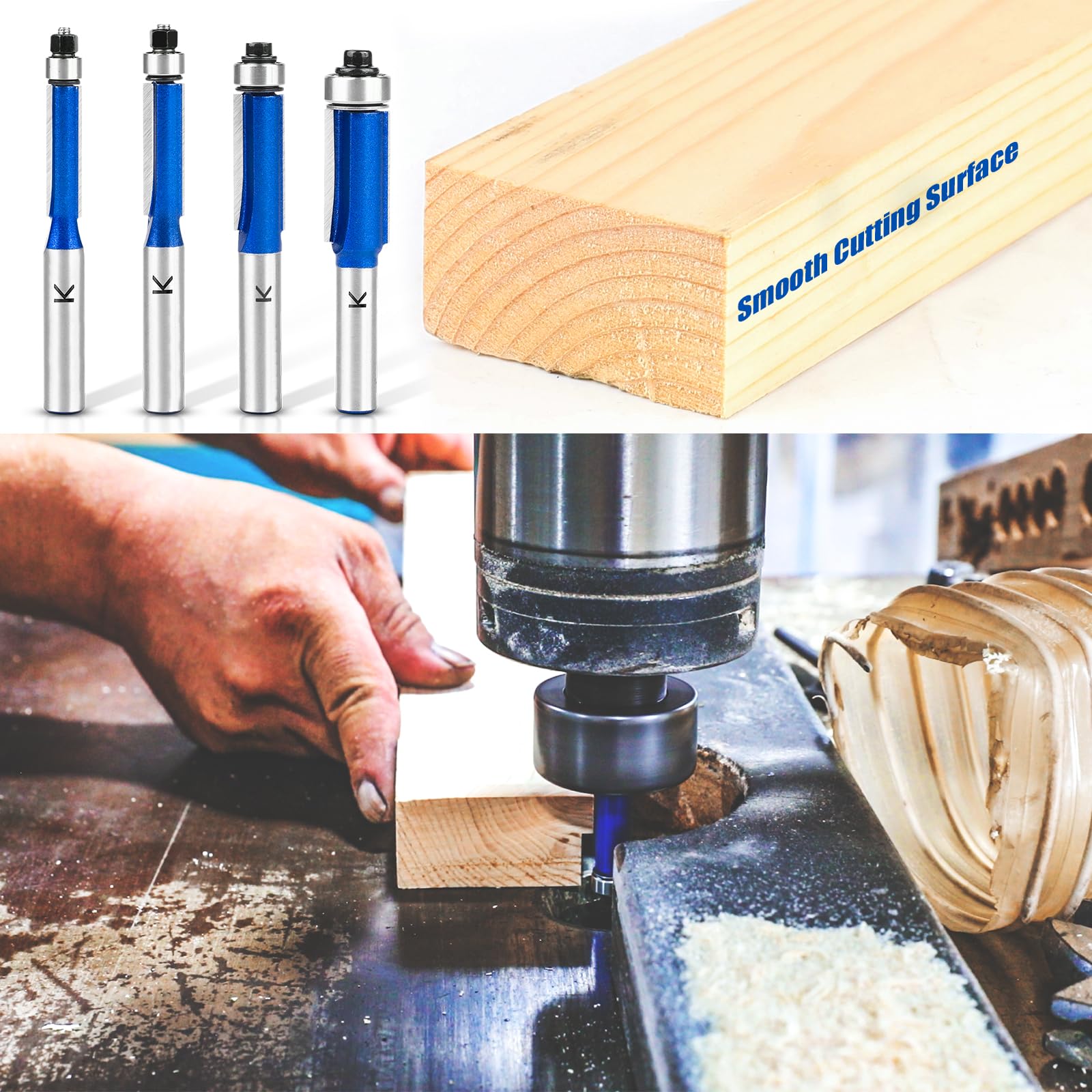 Set di 4 Frese per Legno 8 mm, Punte Fresa Legno, fresa a doppio lato con cuscinetti per legno, diametro 6,35 mm,8 mm,9,5 mm,12,7 mm, lunghezza di lavoro 25 mm