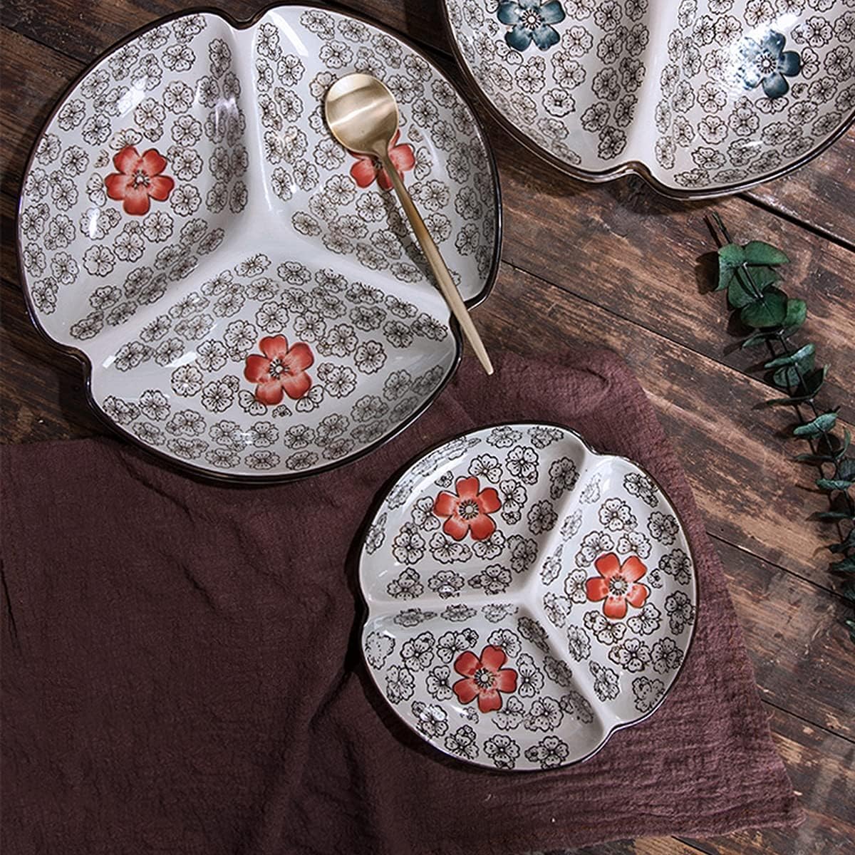 Talerze obiadowe, talerze obiadowe do sałatek, 8-calowe talerze dzielone Okrągłe ceramiczne talerze dzielone typu kanapka Talerze obiadowe Trzy przegródki, 2 sztuki, 10 cali