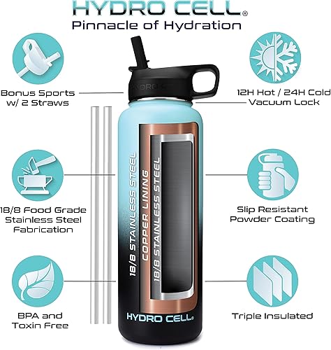 Miniatura 3 de HYDRO CELL Botella de agua aislada de acero inoxidable con pajilla, para bebidas frías y calientes, termo deportivo de metal con tapa de rosca y