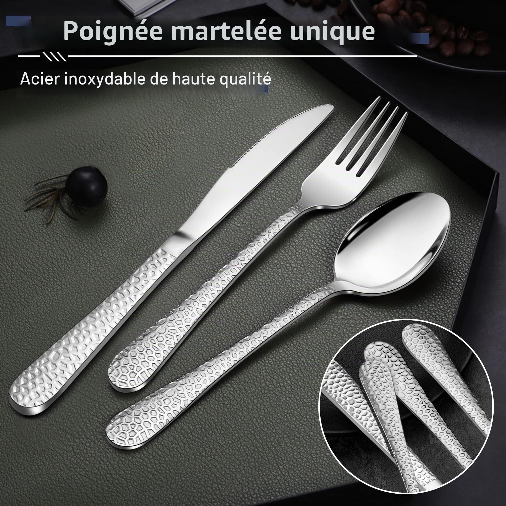 HaWare Ensemble de couverts 72 pièces en acier inoxydable avec couteaux à steak pour 12 personnes, ensemble de couverts modernes avec poignée marteau, couteau, fourchette, ensemble de cuillères pour