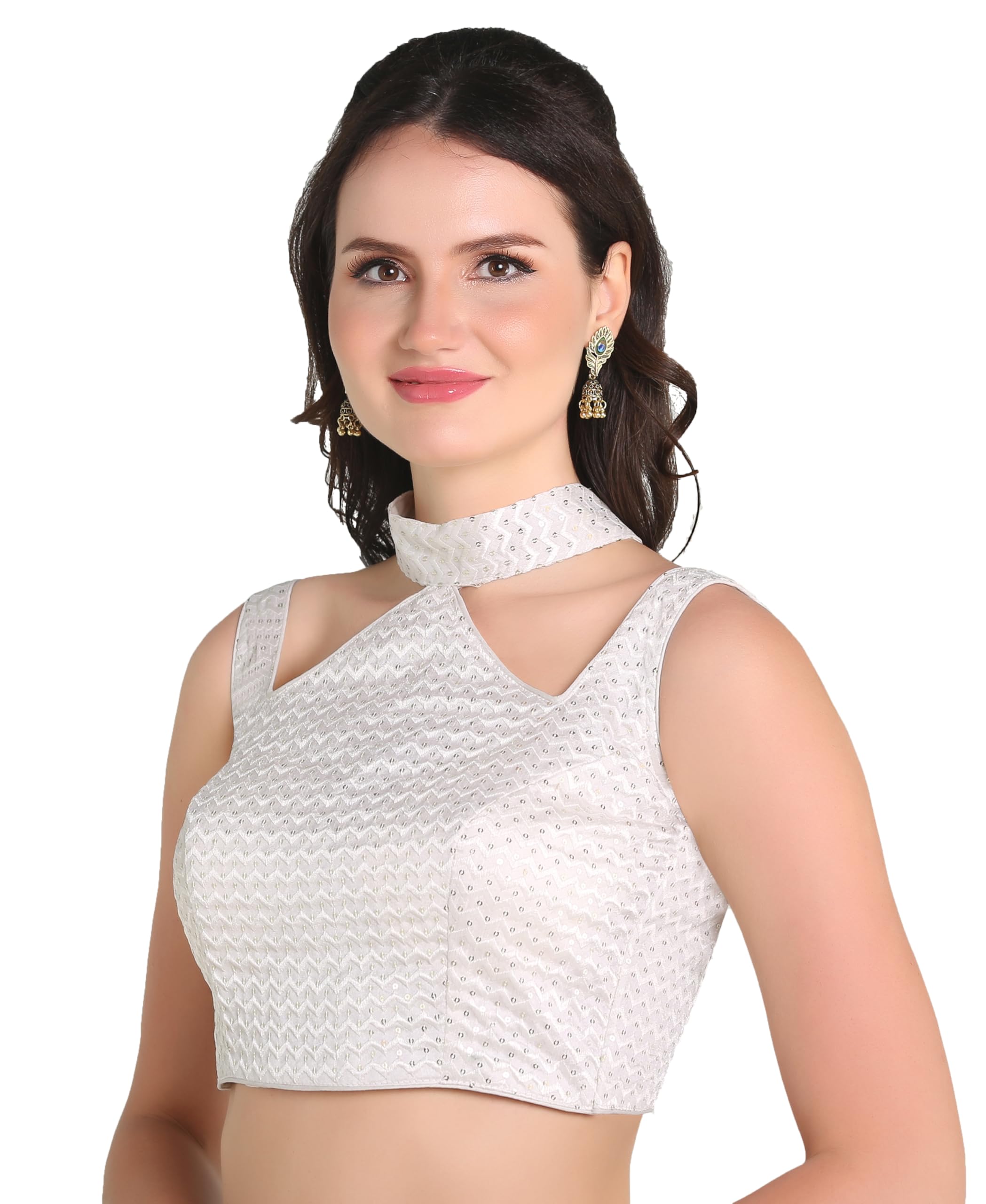 Pujia Mills Woman's Readymade Sleeveless White Blouse Halter Neck With String Pattern Backless Ethnic Wear Pattern Choli Blouse