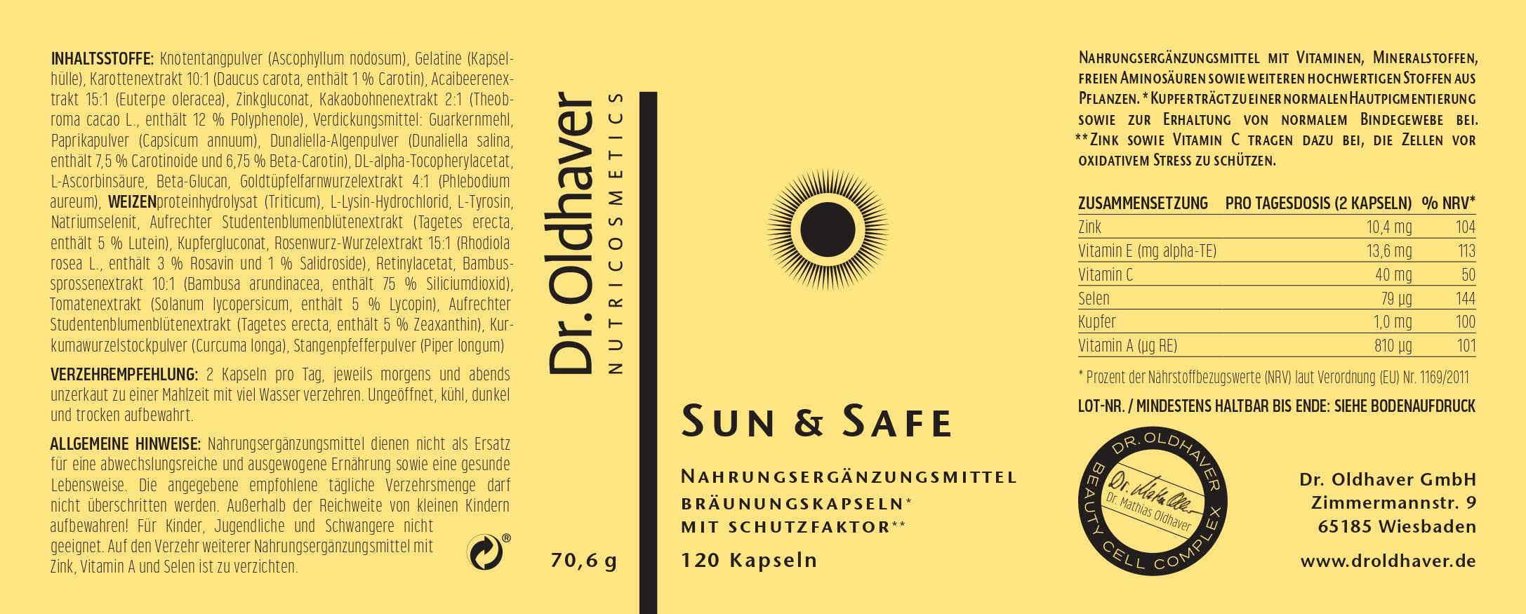 Dr. Oldhaver Sun & Safe Bräunungskapseln Beta-Carotin Tabletten mit UV-Schutz, Kapseln für natürlich braunen Teint, 120 Kapseln