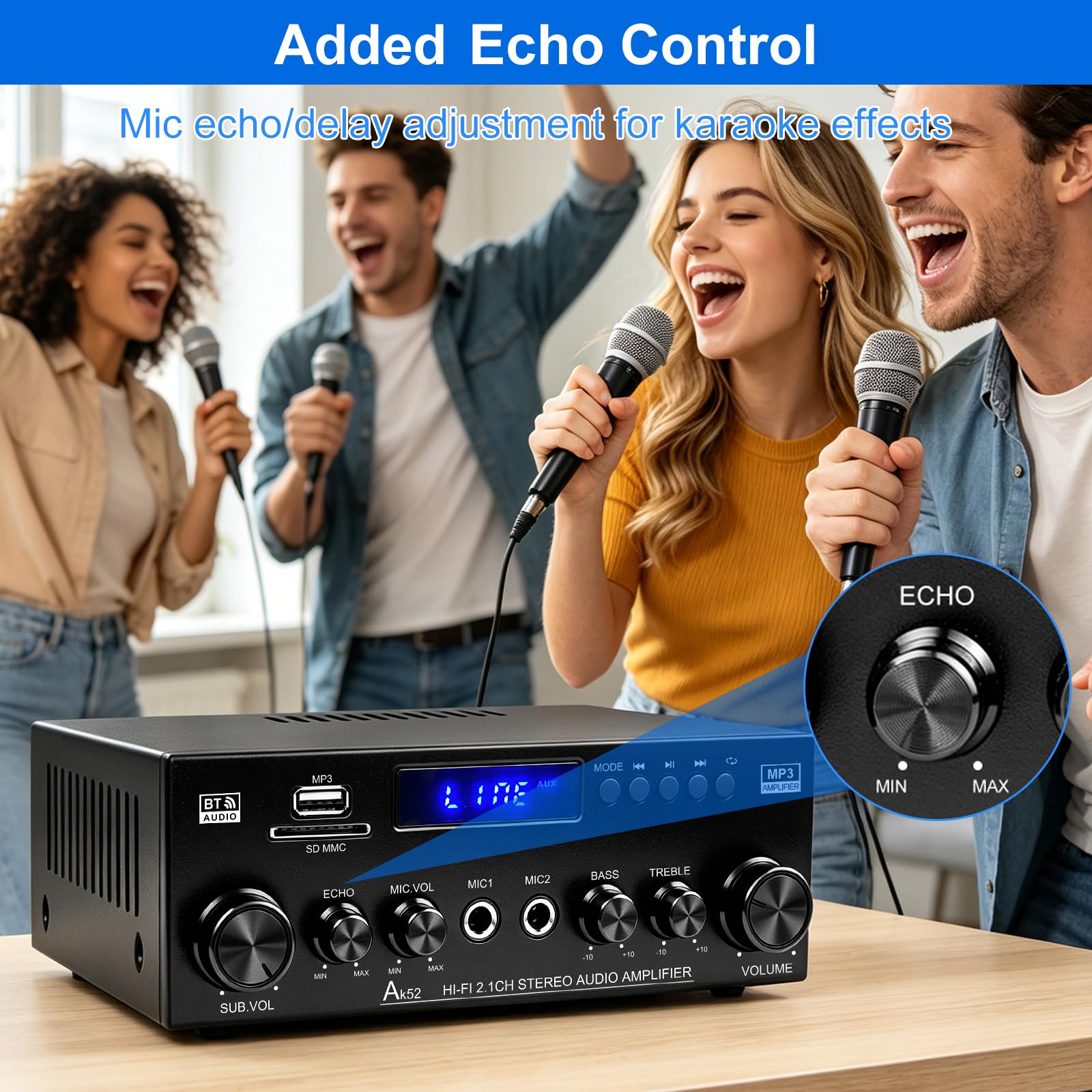 Audio Amplificateur stéréo HiFi 50WX2 Amplificateur Bluetooth 5.3 | écran LCD, alimentation 12 V/220 V - Compatible USB/SD/FM/RCA - Pour la maison, la voiture et le karaoké - Avec tél