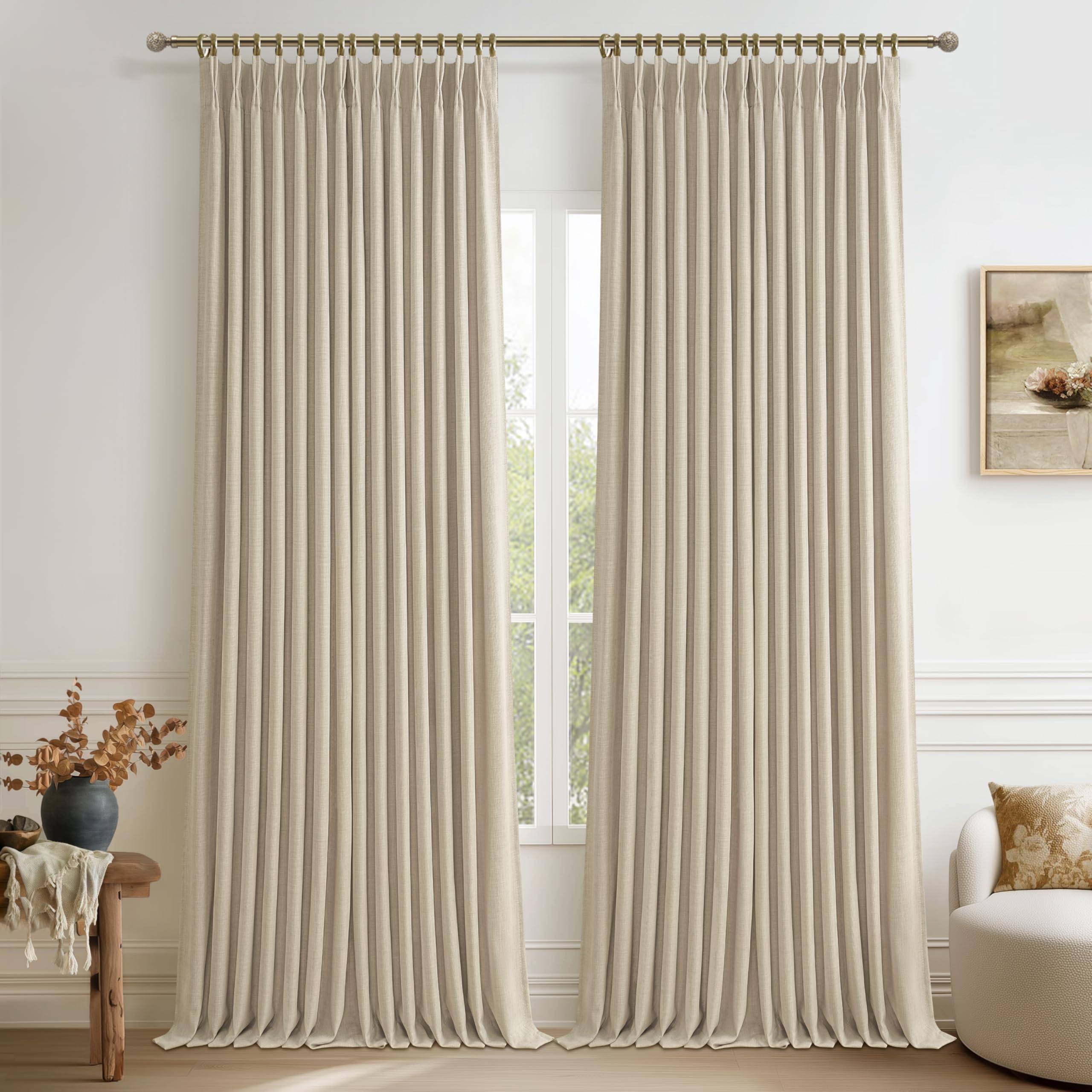 Photo 1 of **1-PANEL ONLY** Natural Thick Linen Pinch Pleated 104 Inch Long Curtain for Kids Room/Nursery, Blackout Memory Shape Light Brown Insulated Privacy Viral Curtain Sound Proof Cottage Core Window Drape Panel