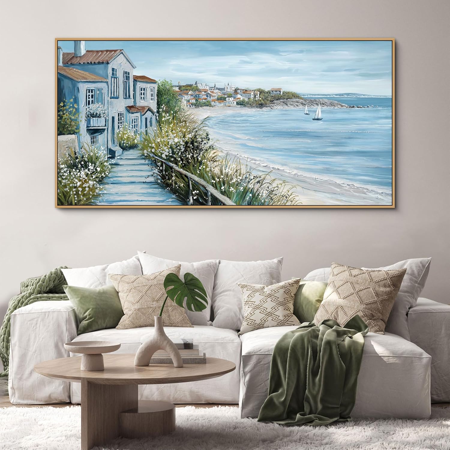 KLAKLA Coastal Decor Nautical Boat on Beach Canvas Picture Ocean Seagull Seascape Canvas Print Farmhouse Artwork for Seashore Bedroom Living Room Large Square Blue Teal 20x40 Inches