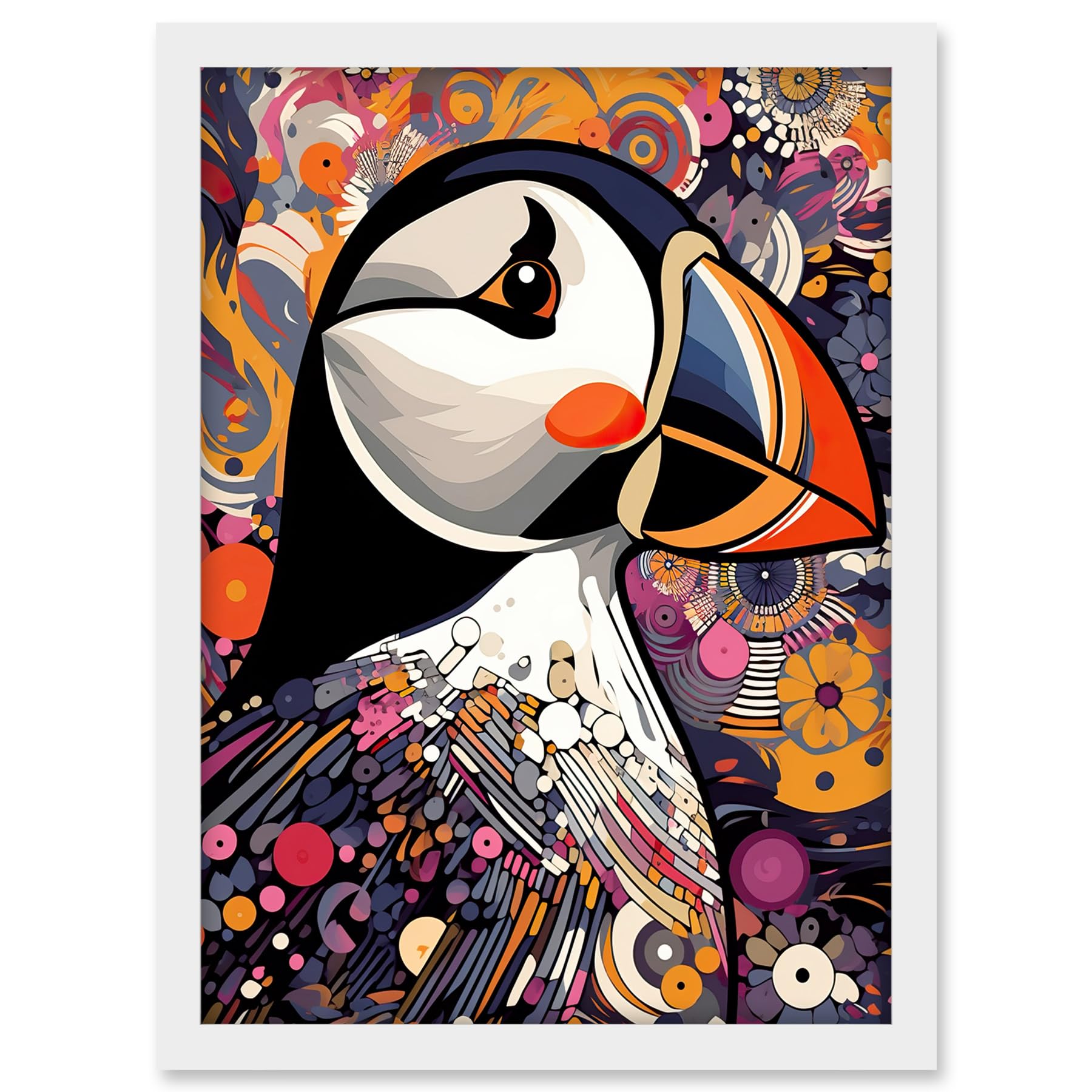 Artery8 Puffin Bird Geometric Patterns Colourful Busy Bright Psychedelic Modern Maximalist Artwork Framed A3 Wall Art Print