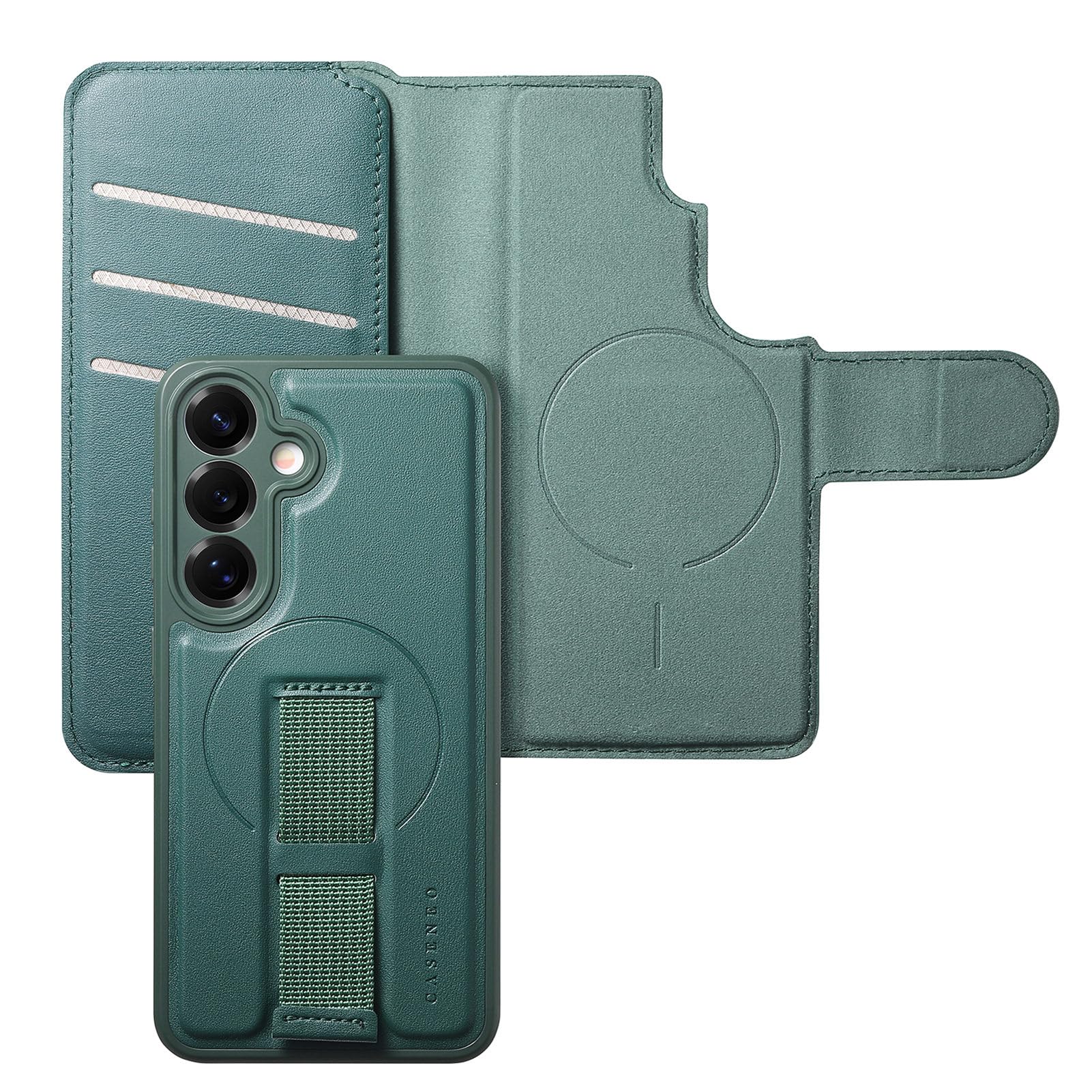 COQUE Samsung Galaxy S26 Plus Magnetic Wallet Case With Elastic Wrist Strap, Zintegrowany uchwyt na karty i regulowany uchwyt, Odporna na wstrząsy osłona ochronna - Zielony