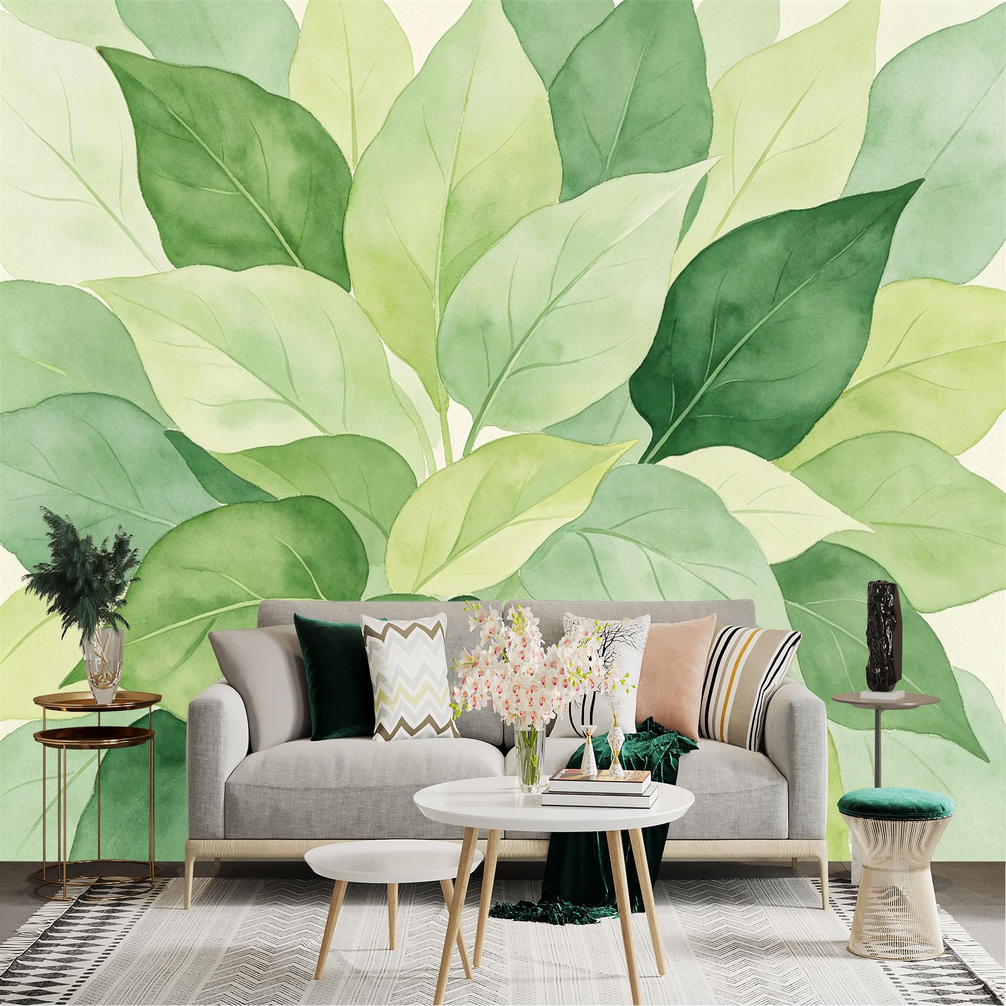 Lnzczhyre Dbh260521966 Custom Size Wall Sticker Mural， Watercolor Lush Green Foliage， Botanical Leaf Pattern， Fresh Nature Art， For Wall Decoration， Peelandstick Wall Decals.
