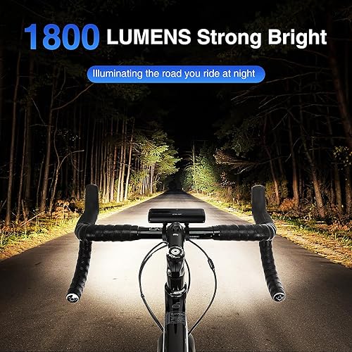 Miniatura 2 de Luz de bicicleta de 1800 lúmenes, luces delanteras y traseras para bicicleta de noche, luz de bicicleta recargable por USB súper brillante con haz