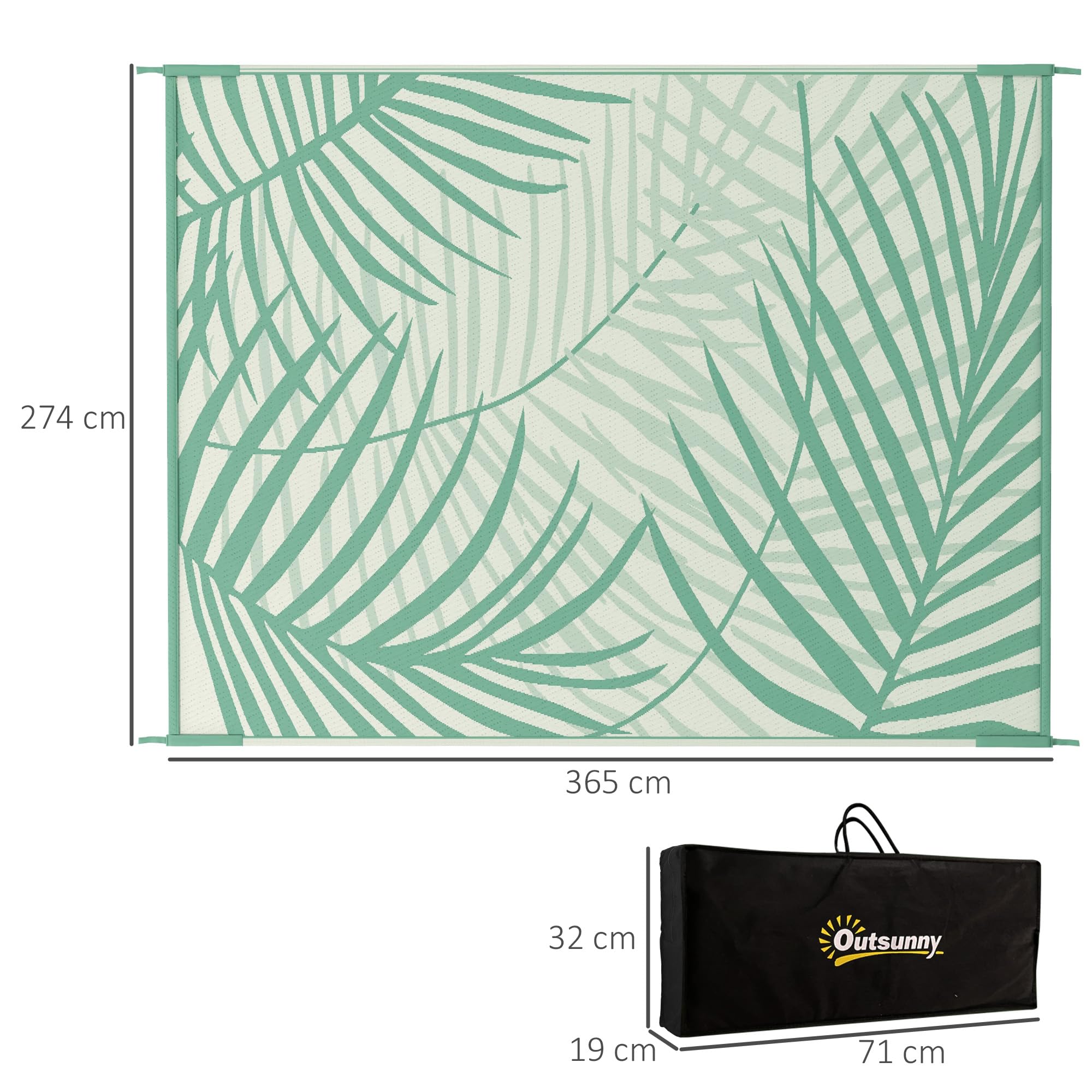 Outsunny Tapis de Jardin Tapis d'extérieur réversible 365L x 274l cm imperméable Motif Feuillage avec Sac de Transport pour terrasse Balcon Camping, Vert crème