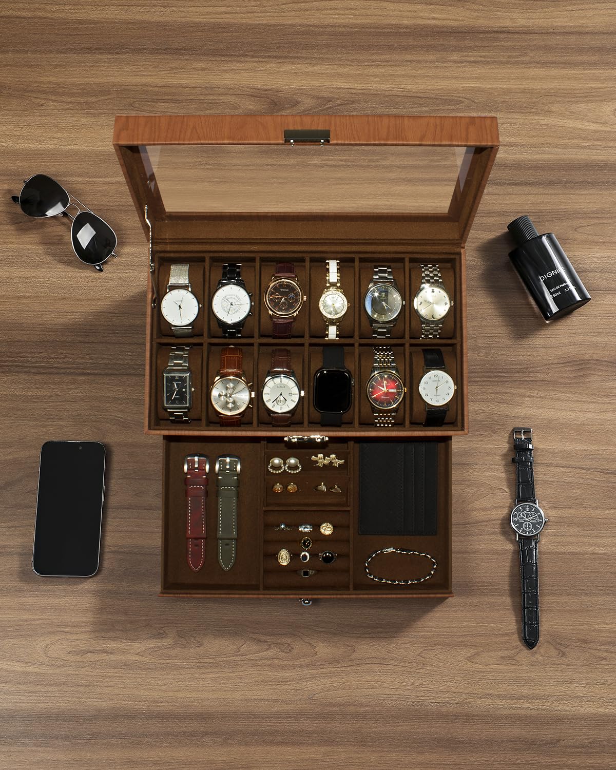 Caja para Relojes, Estuche para 12 Relojes con Tapa de Cristal, Caja Doble con Cerradura para Guardar Relojes y 1 cajón para Anillos y Pendientes, Idea de Regalo.