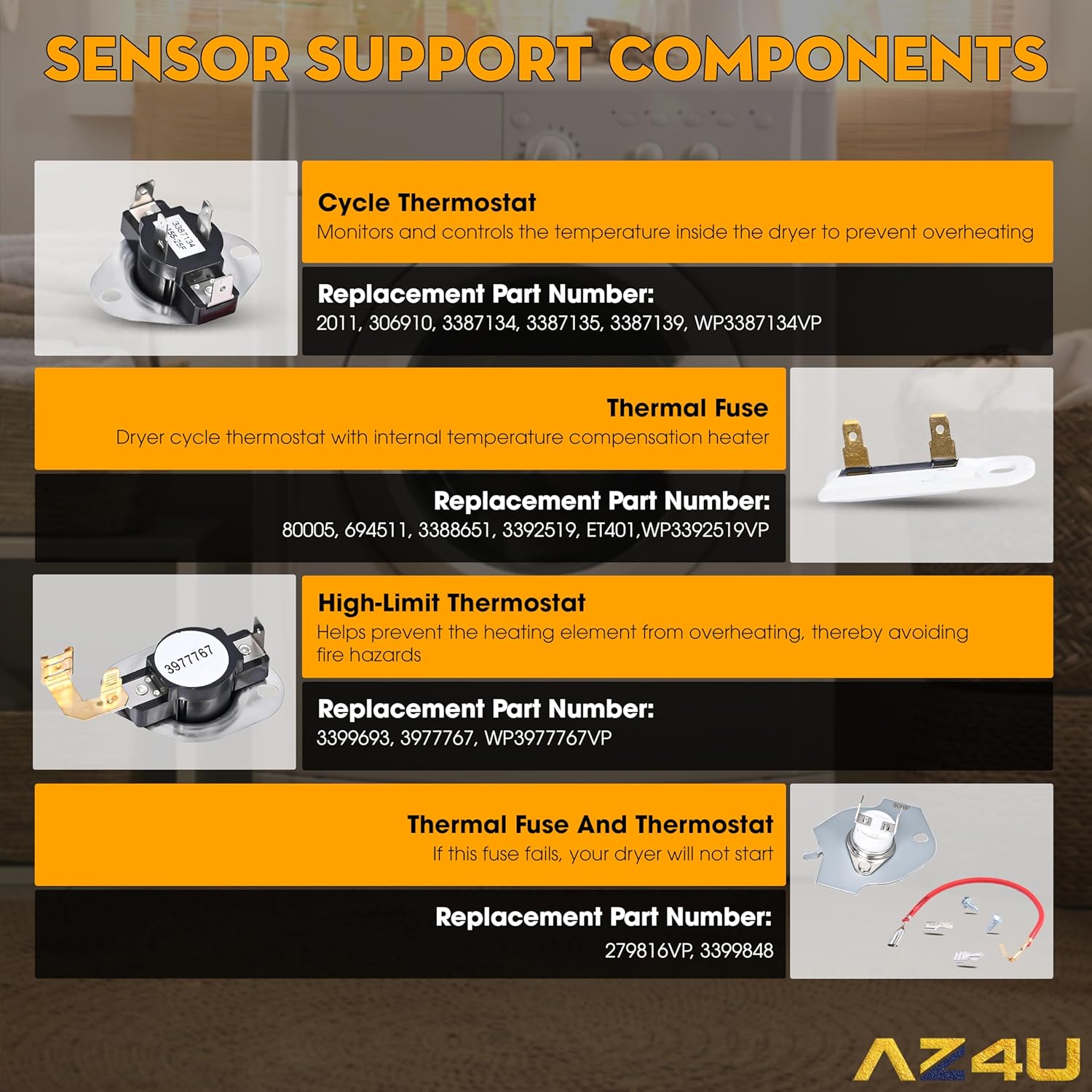 279838 Dryer Heating Element Replace 14210029 4531017 4617547 279837 With 3392519 Thermal Fuse 279816 Thermal Cut-Off Kit 3977767 3387134 Thermostat For Whirlpool, Kenmore, Roper, Amana, Kenmore