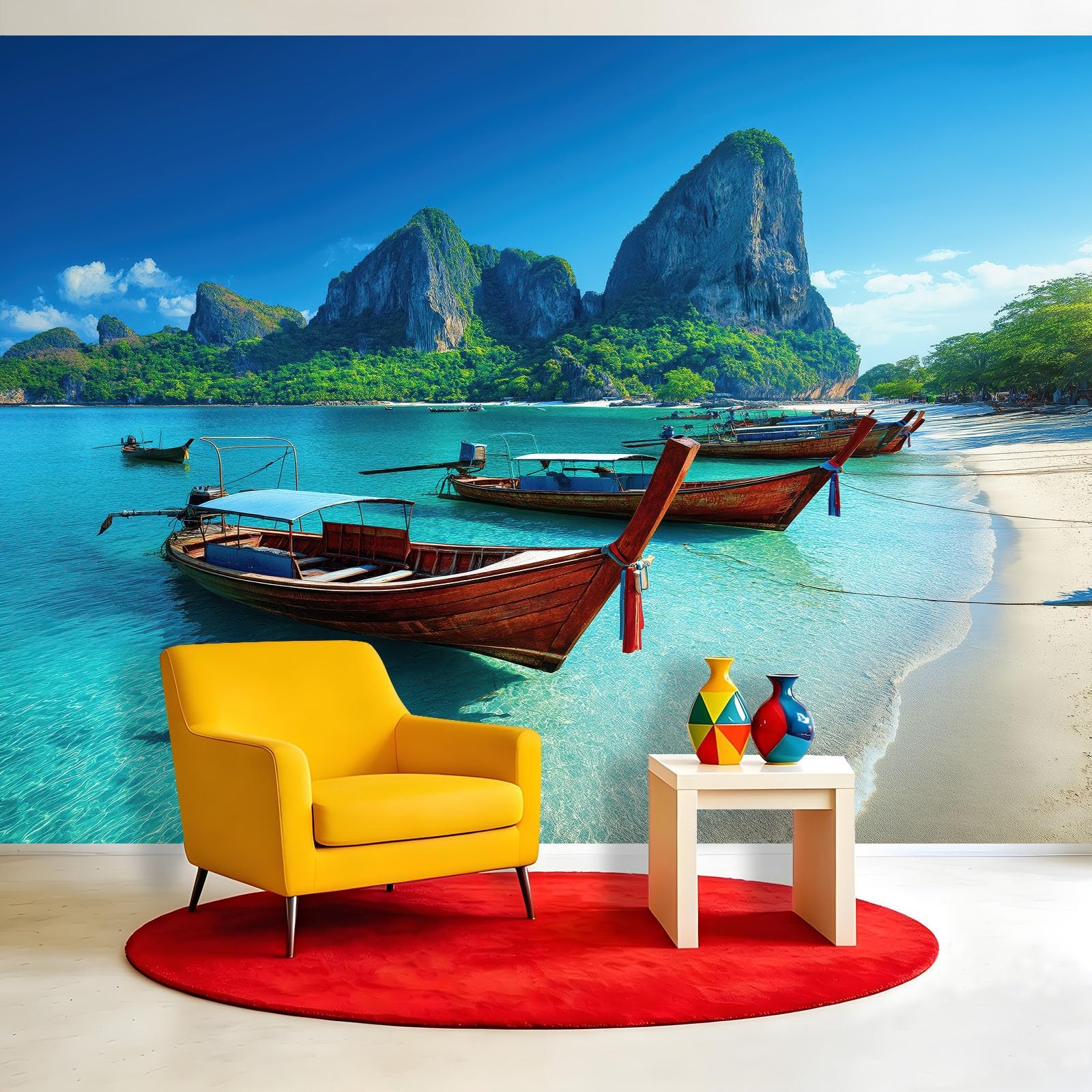 Générique Tapeta z włókniny z naturalnego krajobrazu 250 x 175 cm, tapeta plażowa drewniana łódka panoramiczne zdjęcie, łatwa do zainstalowania dekoracja ścienna do salonu, sypialni, kuchni